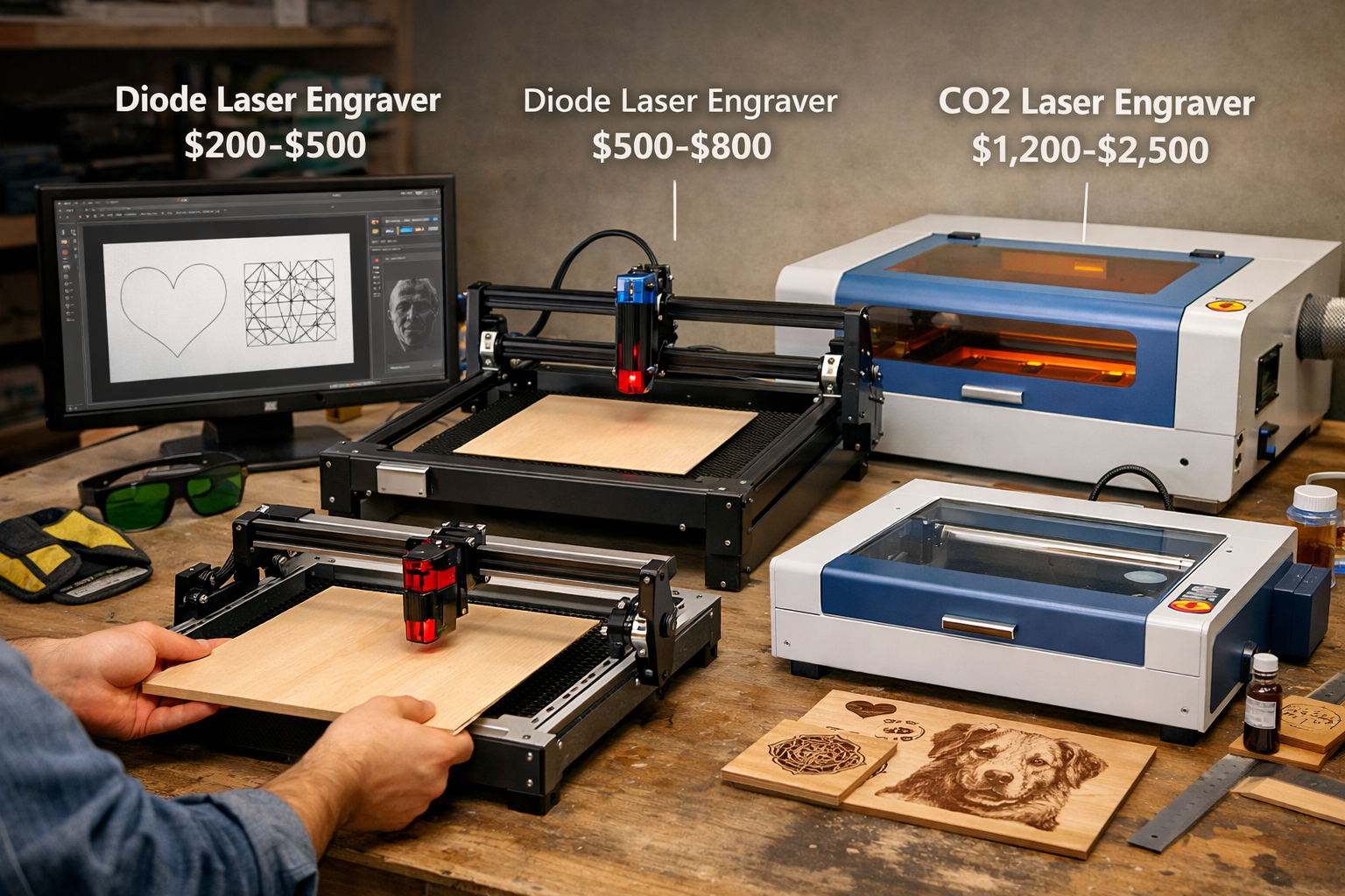 () image illustrating a diverse range of beginner-friendly laser engravers (diode and CO2) on a workbench, with clear labels