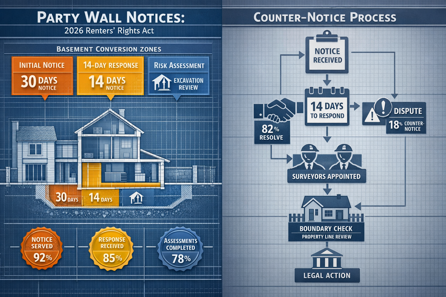 Split-screen editorial infographic illustrating key takeaways of Party Wall Notices for 2026 Renters' Rights Act. Left side:
