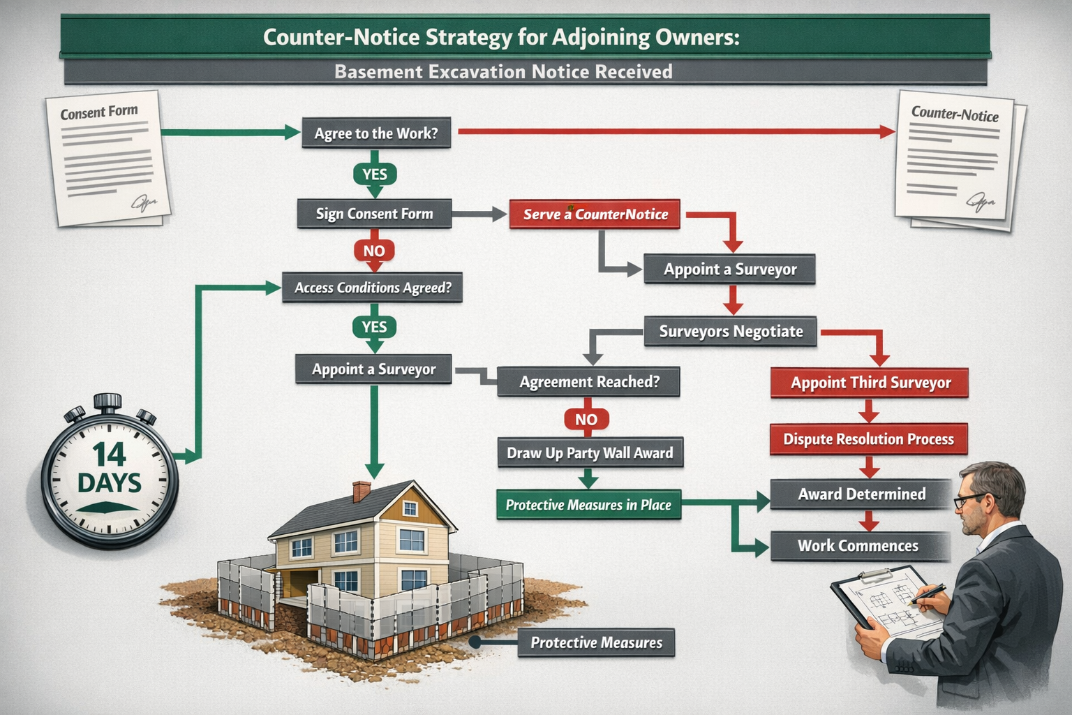 () detailed flowchart diagram showing counter-notice strategy decision tree for adjoining owners receiving basement