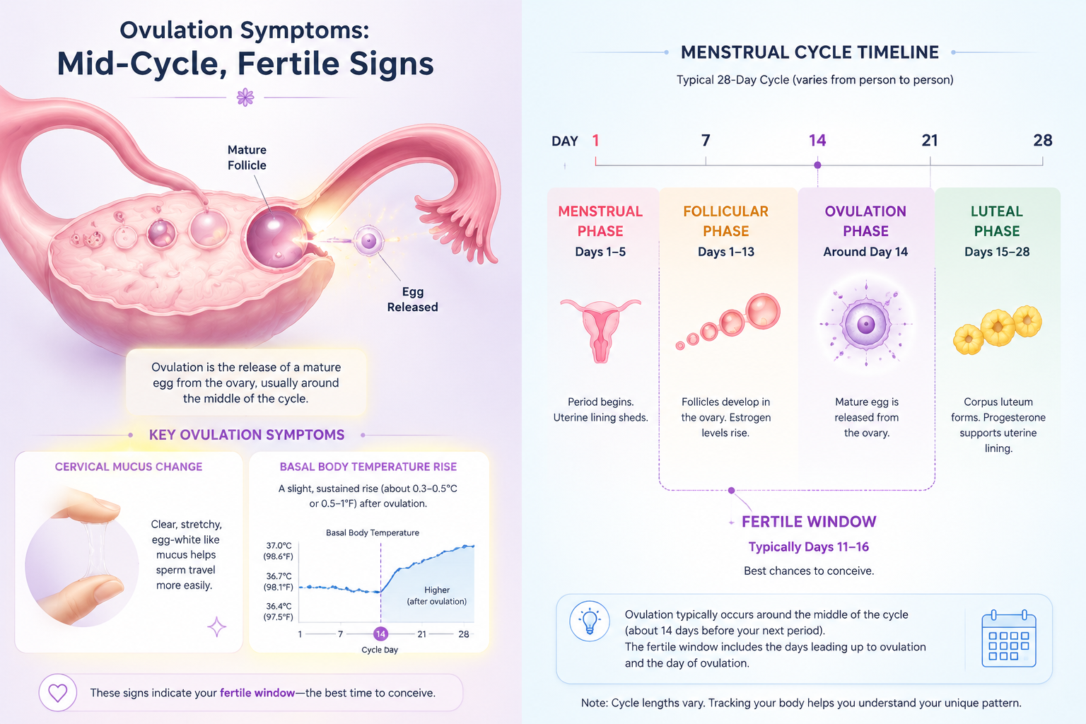 A detailed () image illustrating the distinct physiological processes of ovulation. The left half shows a stylized ovary