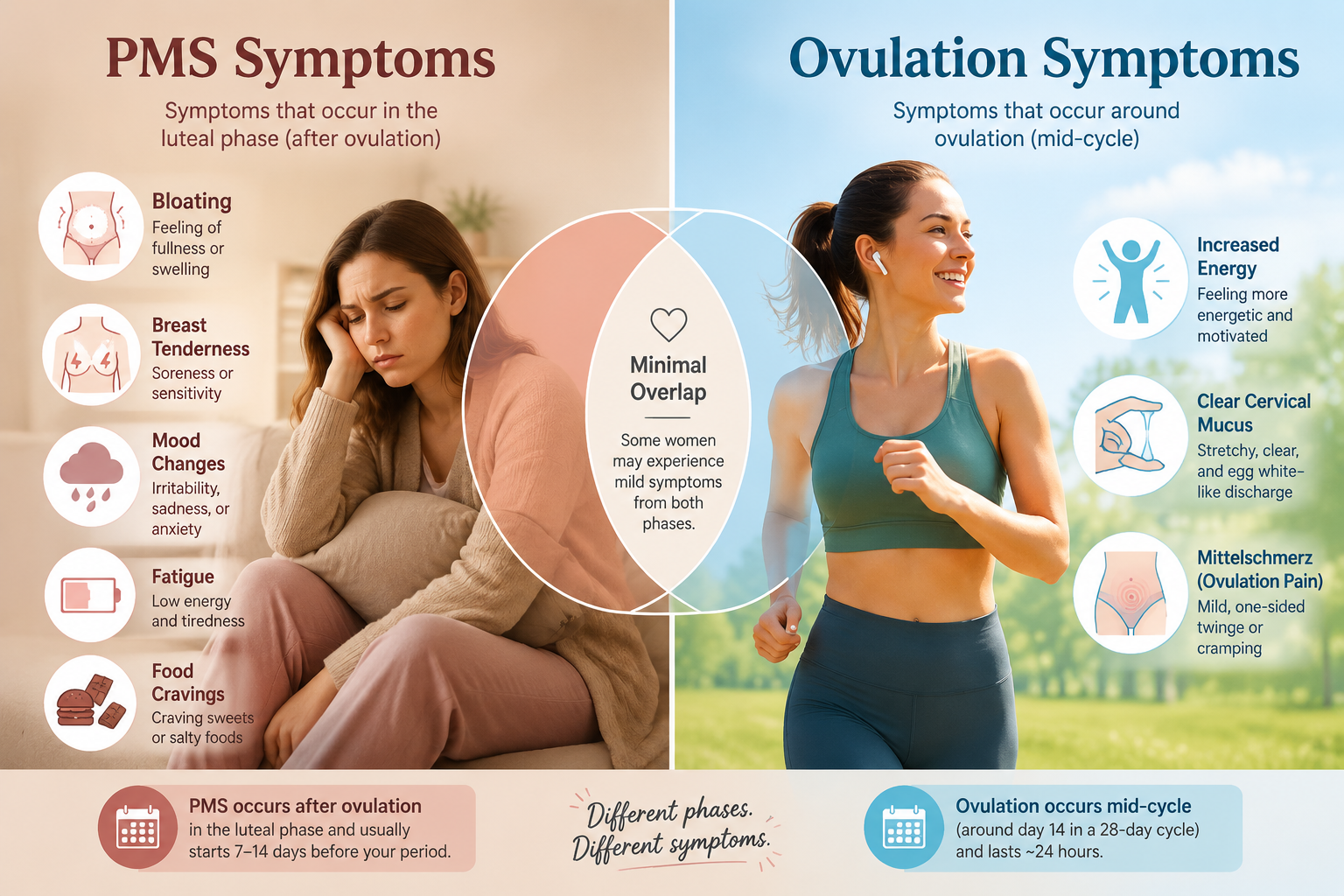 A detailed () image comparing and contrasting PMS and ovulation symptoms. The image is split down the middle. The left side,
