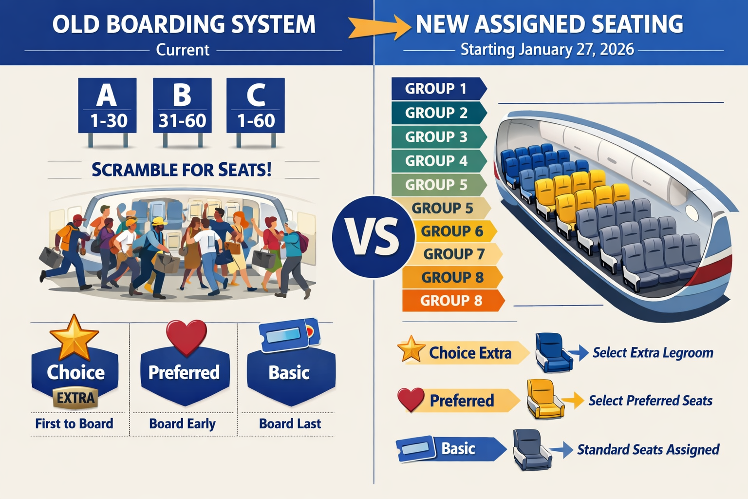 Detailed infographic illustration (1536x1024) showing side-by-side comparison of Southwest's old boarding system versus new January 2026 ass