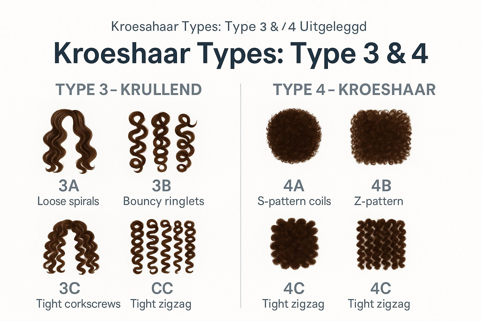 Wat Is Mijn Kroeshaar Type? Een Complete Gids voor Het Bepalen van Jouw Krulpatroon 1 Professional landscape infographic (1536x1024) for section "Het Andre Walker Haartypesysteem Uitgelegd". Type: Visual Chart. Clean white bac