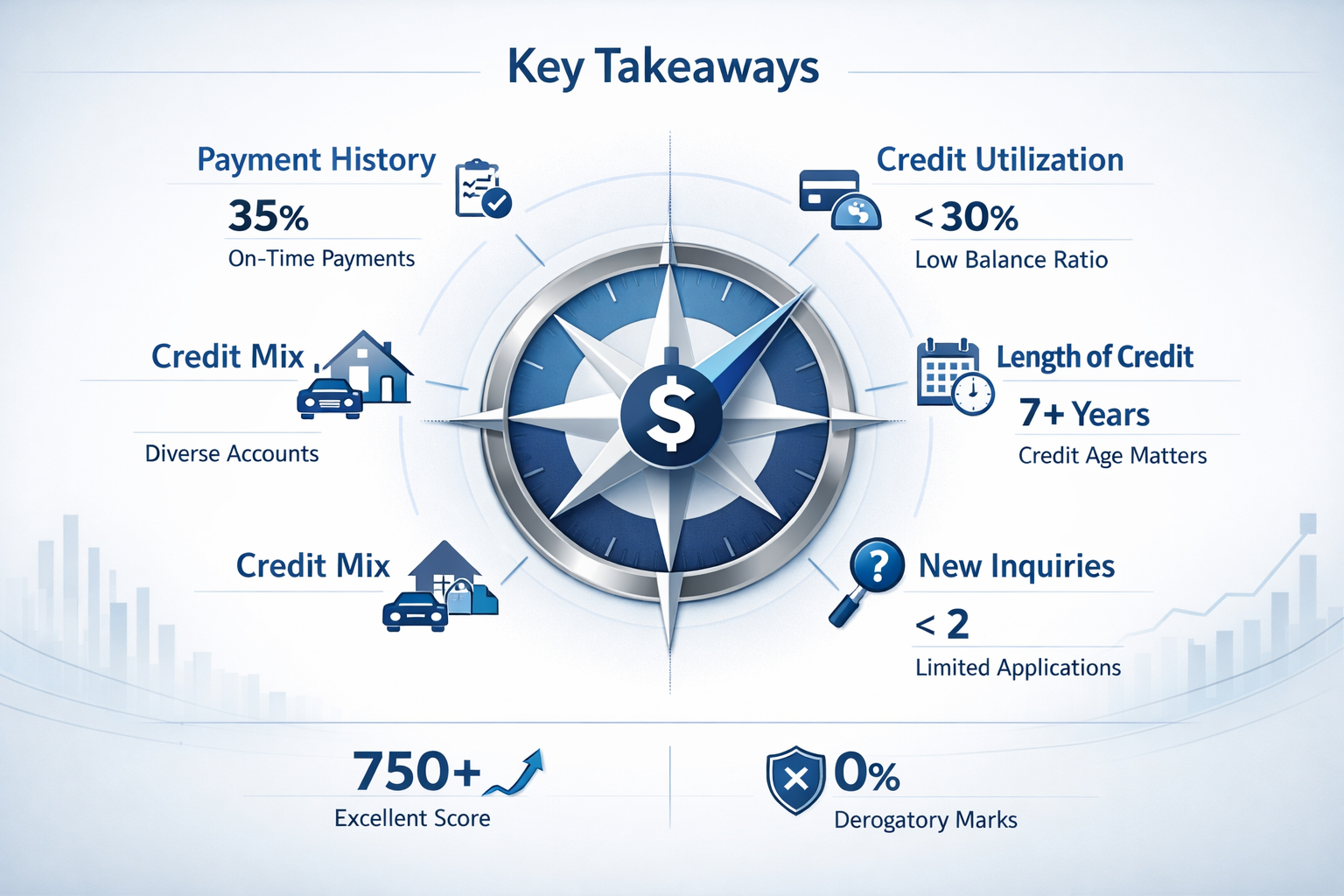 Key Takeaways section infographic: Central financial compass graphic with 5-6 rotating credit score insights radiating outward, minimalist d