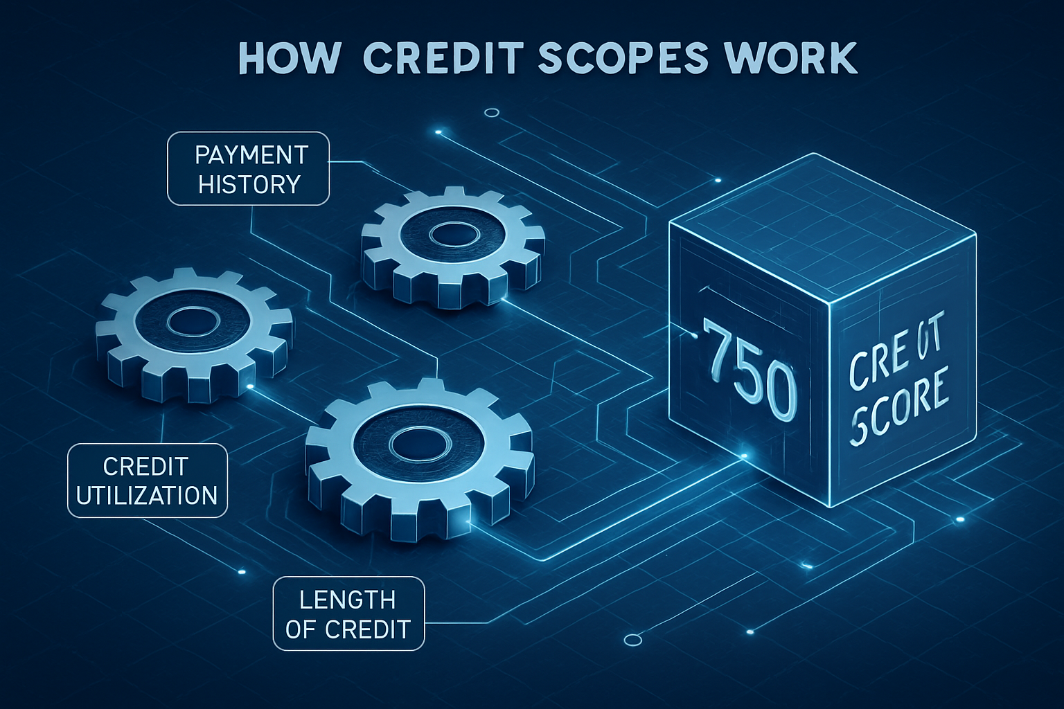 How Credit Scores Work step-by-step flow chart: Isometric financial landscape with interconnected gears and data streams representing credit