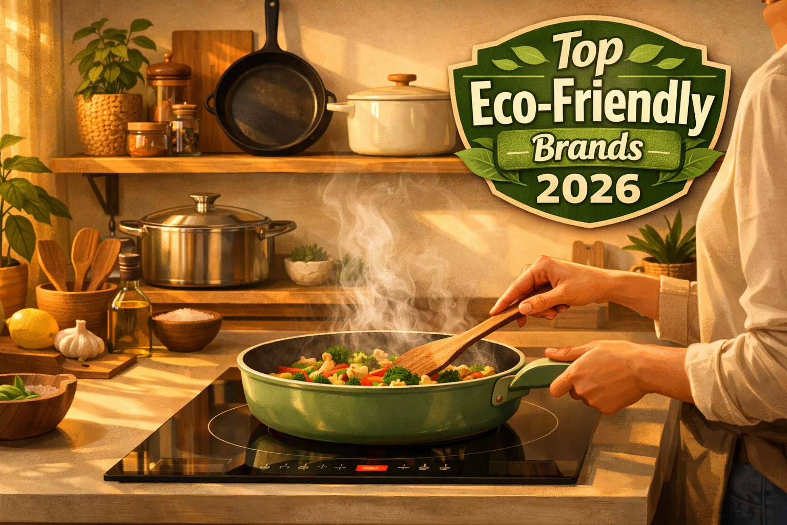 Eco Friendly Pots and Pans Digital illustration, graphic design style, Detailed landscape format (1536x1024) lifestyle scene showing a bright modern kitchen with a person cooking on an induction stovetop using a sage-green ceramic nonstick pan from a recognizable eco-friendly brand. Steam rises from sautΓ©ed vegetables. In the background, a wooden shelf displays a curated set of sustainable cookware including a cast iron skillet, stainless steel pot, and ceramic Dutch oven. Warm golden hour lighting, plant-based kitchen decor, sustainability theme. Overlaid text badge reads 'Top Eco-Friendly Brands 2026'. Aspirational wellness cooking lifestyle aesthetic. Eco Friendly Pots and Pans