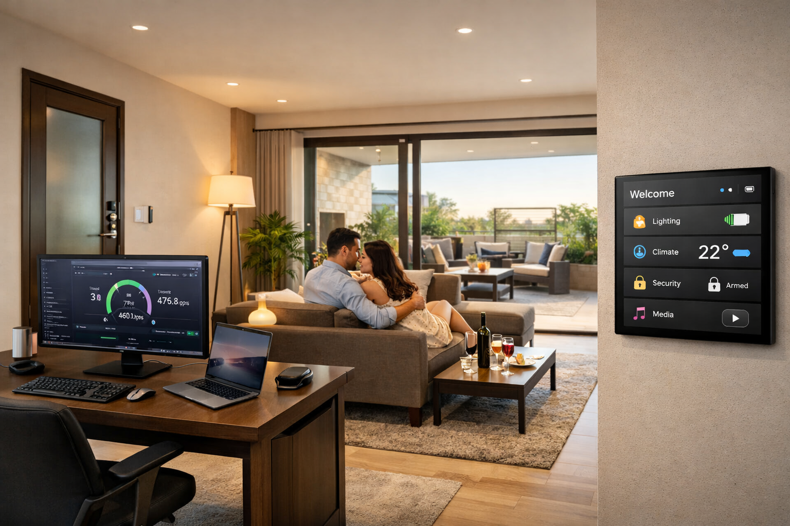 A beautifully composed landscape image () showcasing the interior of a luxurious, fully automated Airbnb suite in Gurgaon.