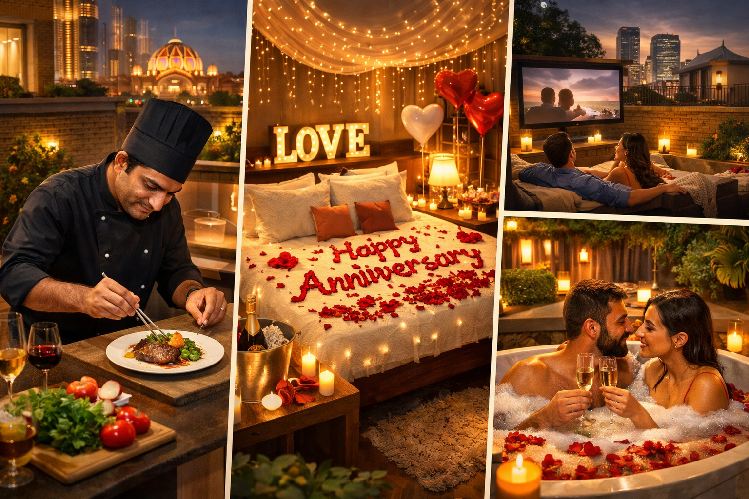 A visually engaging landscape image () illustrating diverse, unique anniversary experiences within Gurgaon Airbnbs. The