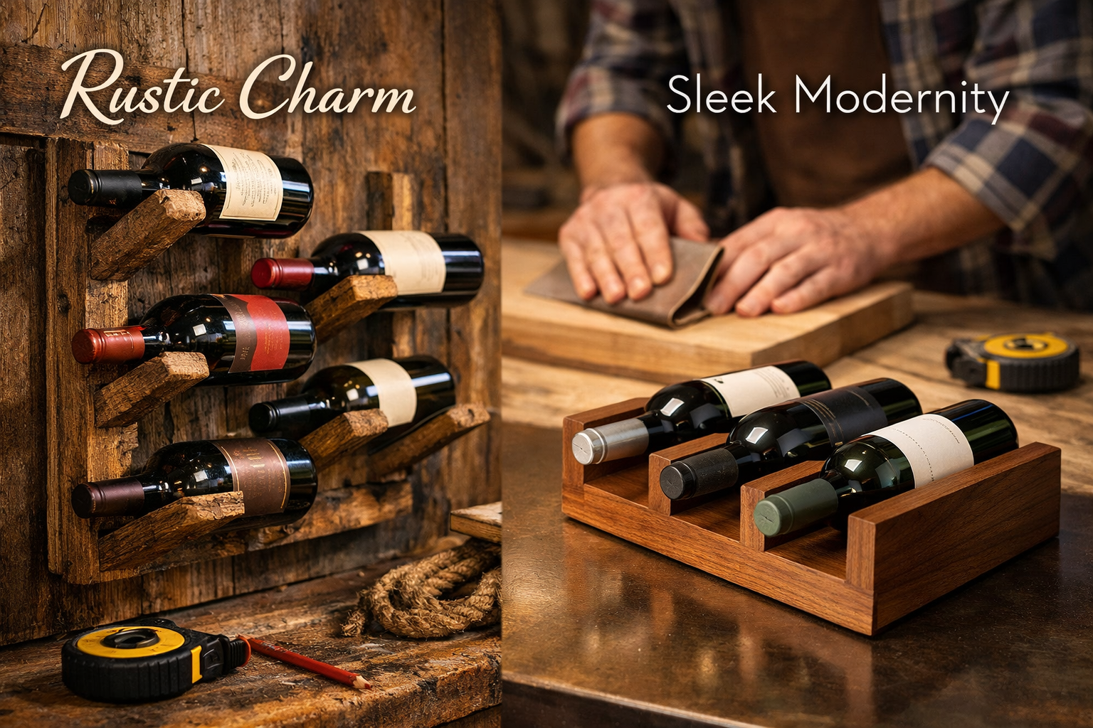 A detailed landscape format (1536x1024) image showcasing a variety of wooden wine rack designs, emphasizing the spectrum from rustic to slee