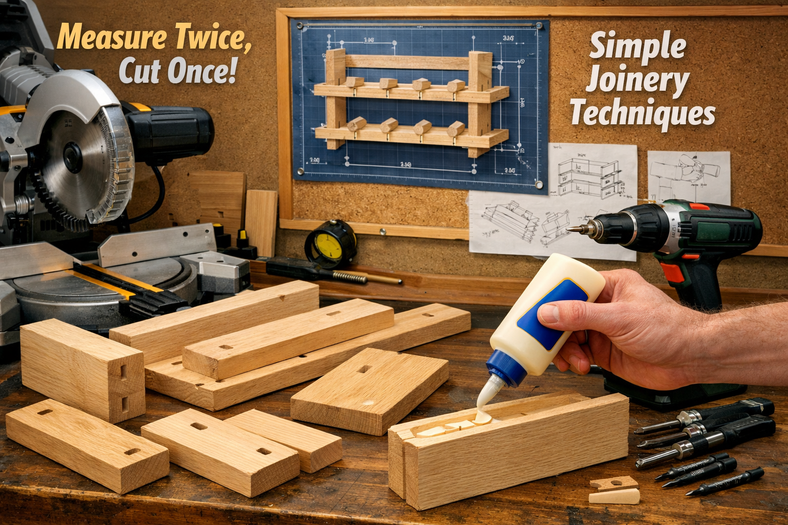 A detailed landscape format (1536x1024) image illustrating a step-by-step woodworking process for a DIY wooden wine rack. The foreground sho