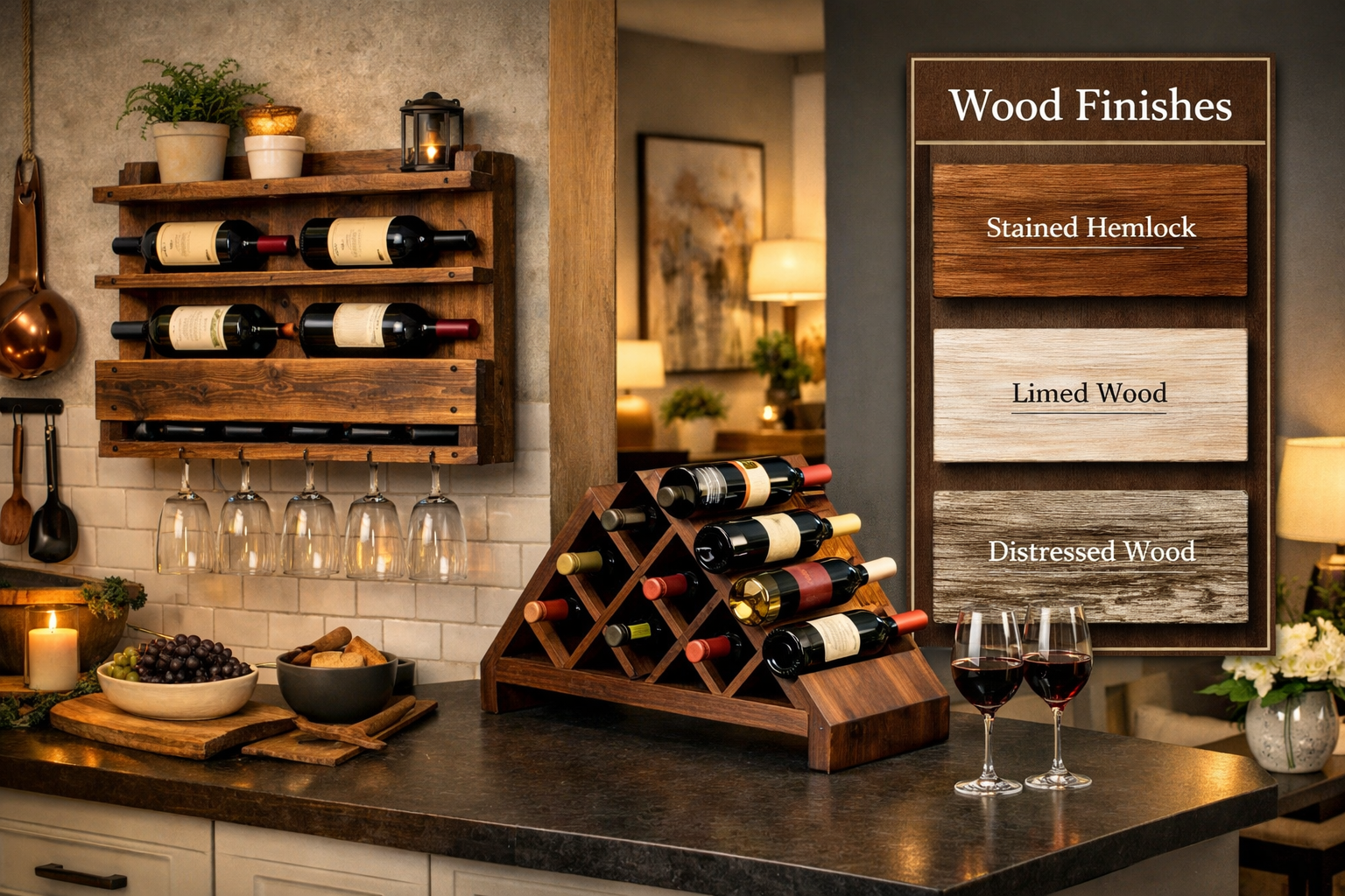 A detailed landscape format (1536x1024) image displaying various finished DIY wooden wine racks in different home settings, along with examp