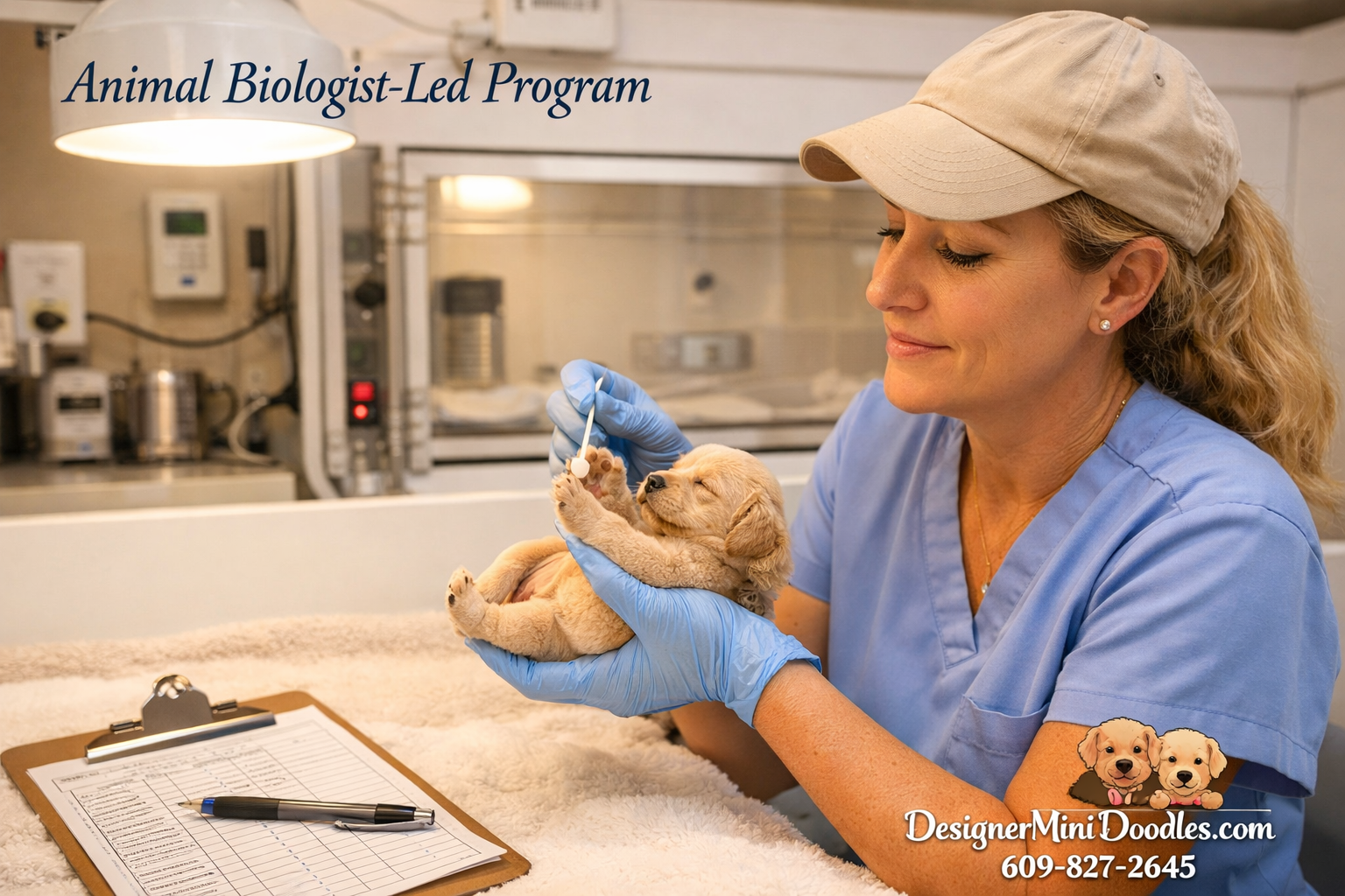 () warm editorial photograph showing a professional breeder in a clean modern whelping room gently handling a tiny