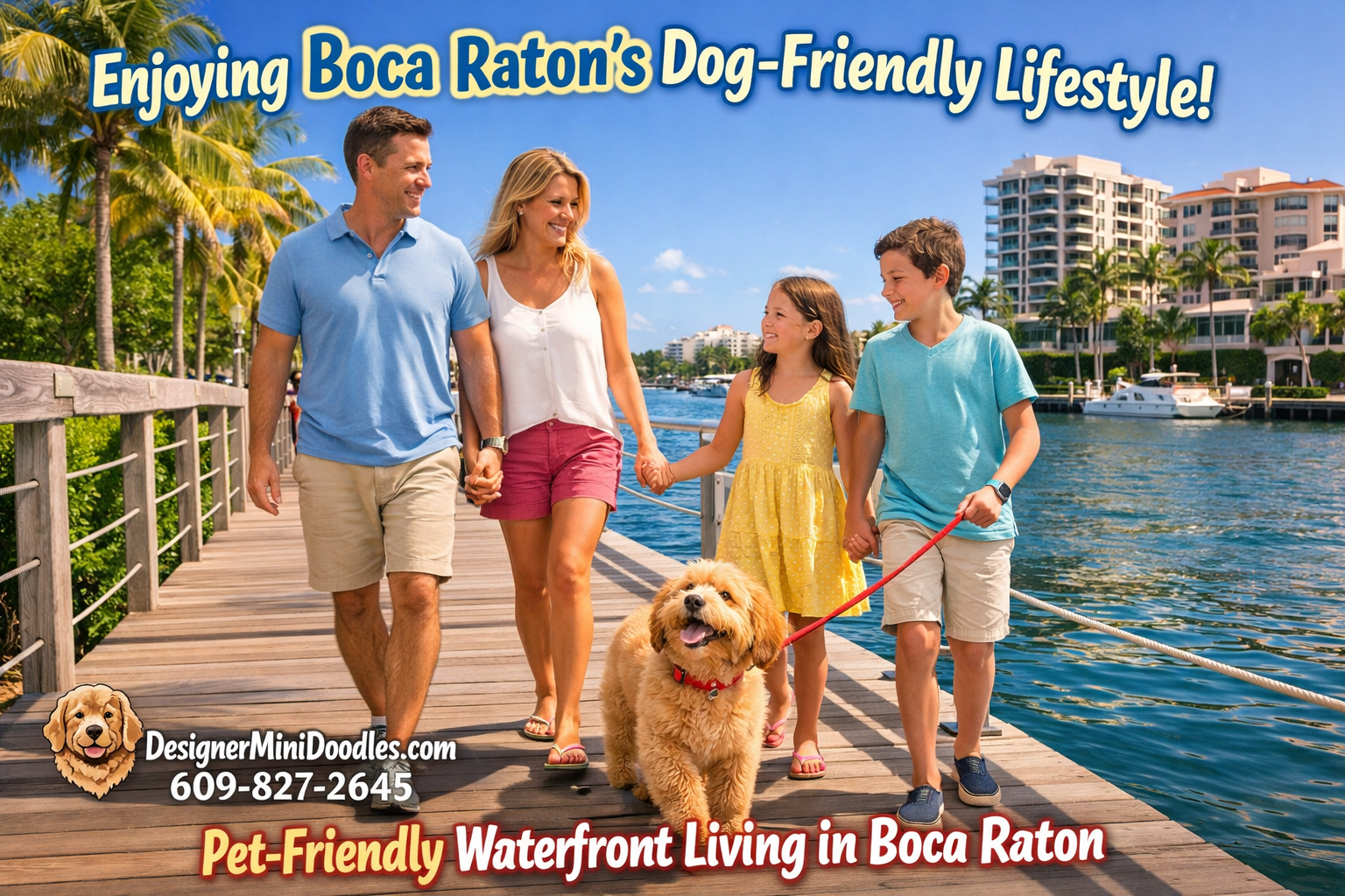 () lifestyle photograph of a happy family walking a small apricot mini goldendoodle along a scenic Boca Raton waterfront