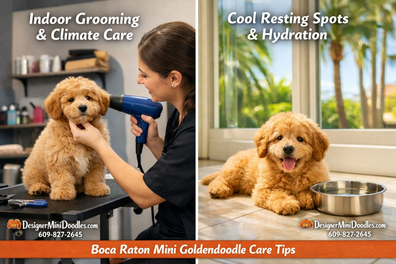 () split-screen editorial image showing two scenes of mini goldendoodle life in South Florida. Left side shows a tiny golden