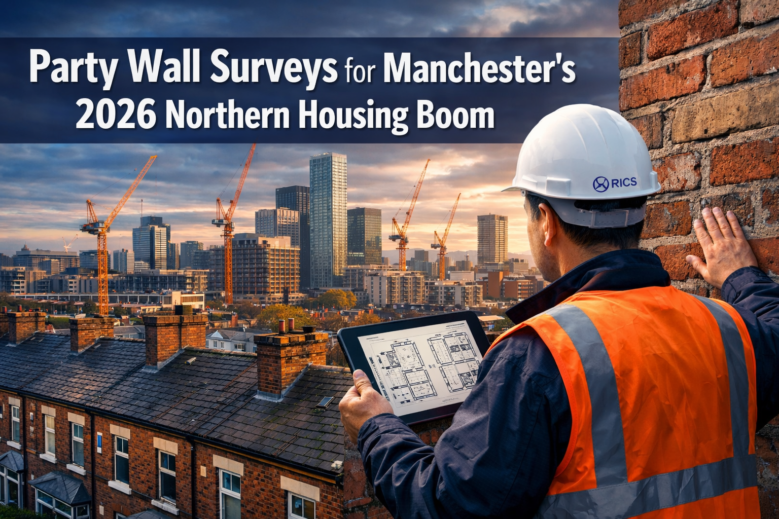 Professional landscape format (1536x1024) hero image featuring bold text overlay 'Party Wall Surveys for Manchester's 2026 Northern Housing