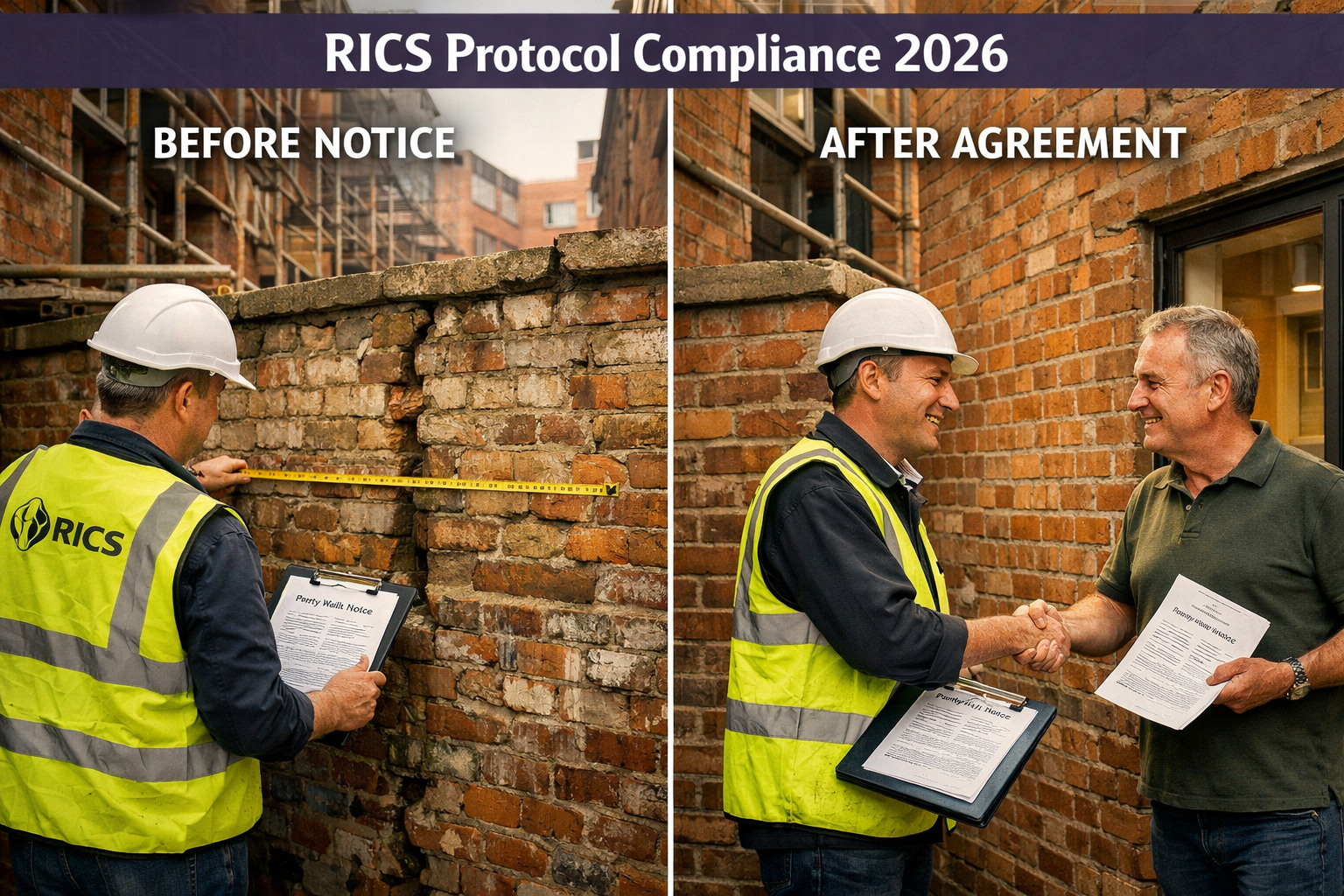 Detailed landscape format (1536x1024) image showing professional RICS chartered surveyor conducting party wall inspection between two Victor