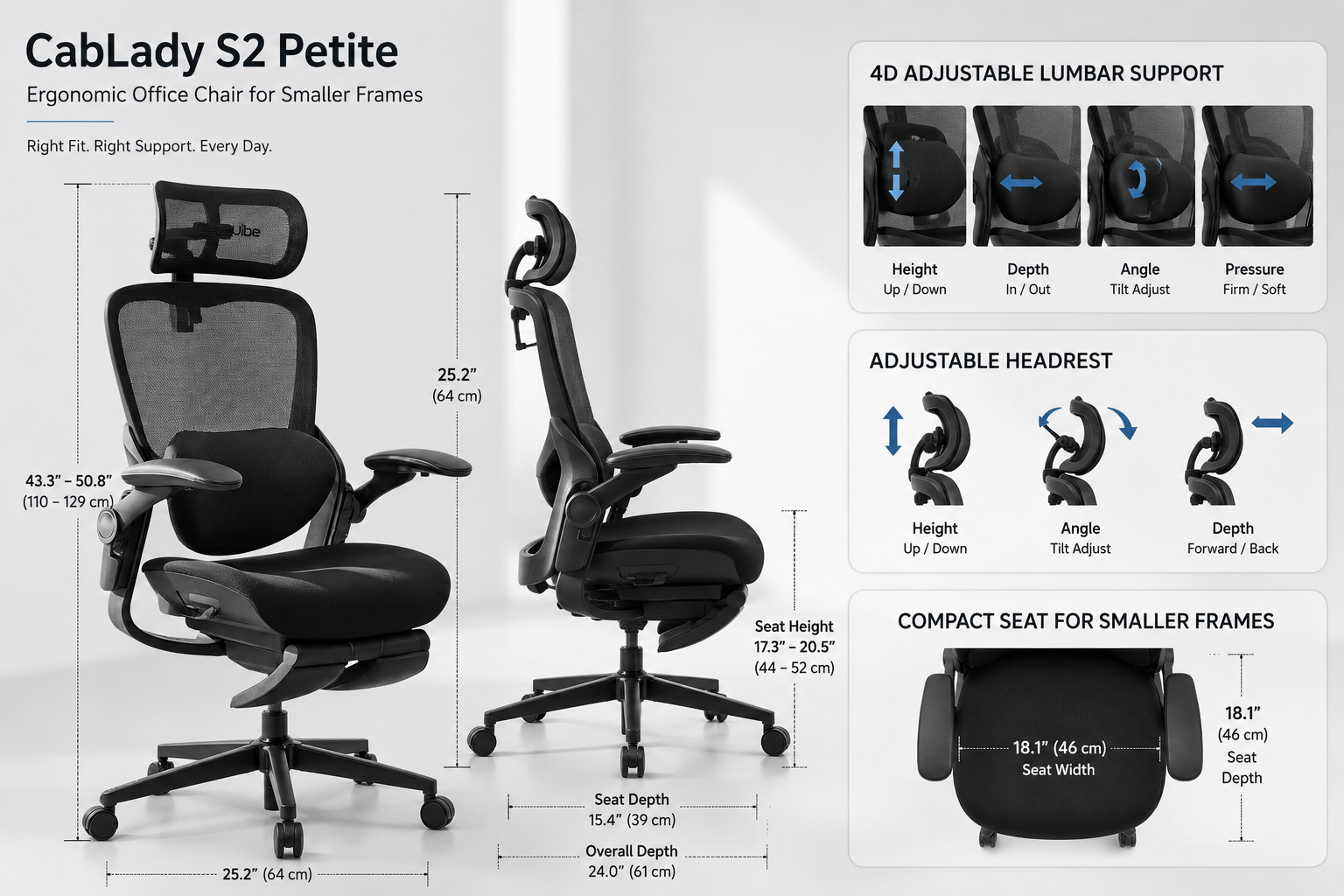 Detailed showcase of the CabLady S2 Petite Office Chair highlighting its 4D adjustable lumbar support, headrest positioning, and compact seat dimensions designed for smaller frames — chair shown in a bright studio setting with measurement callouts Introduction: Why Petite Office Chair Design Actually Matters