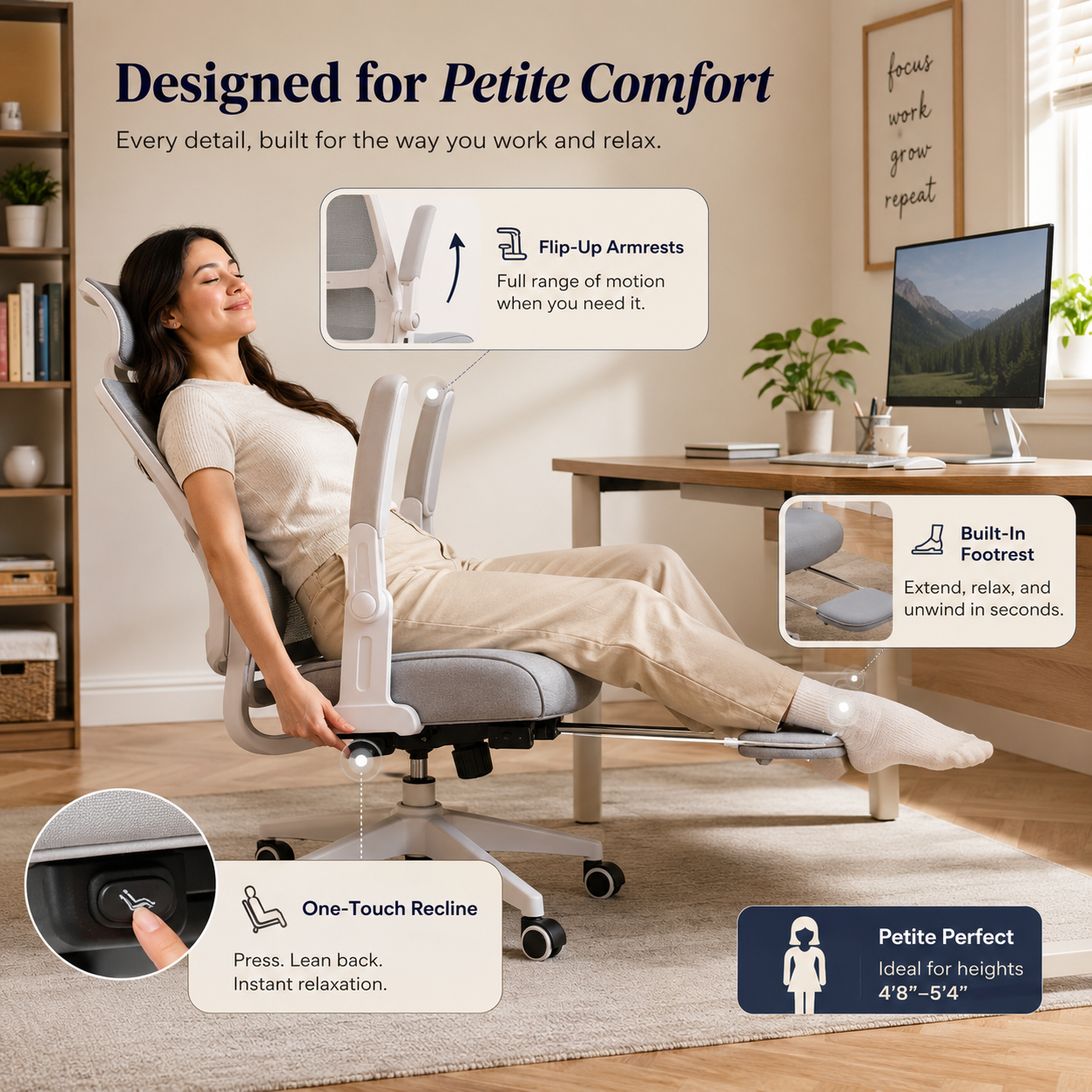 Detailed showcase of the CabLady S2 Petite Office Chair highlighting key features in action: flip-up armrests fully raised, built-in footrest extended, and one-touch recline button being pressed by a petite woman in a home office environment