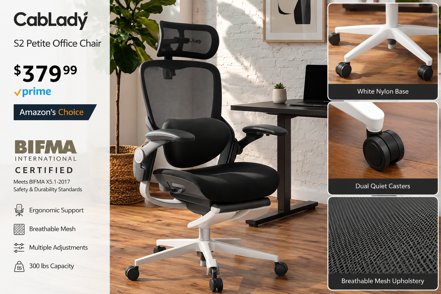 Detailed showcase of the CabLady S2 Petite Office Chair highlighting its white nylon base, dual quiet casters on hardwood floor, breathable upholstery close-up, and Amazon product listing price of $379.99 with BIFMA certification badge visible Who Should Skip the CabLady S2?