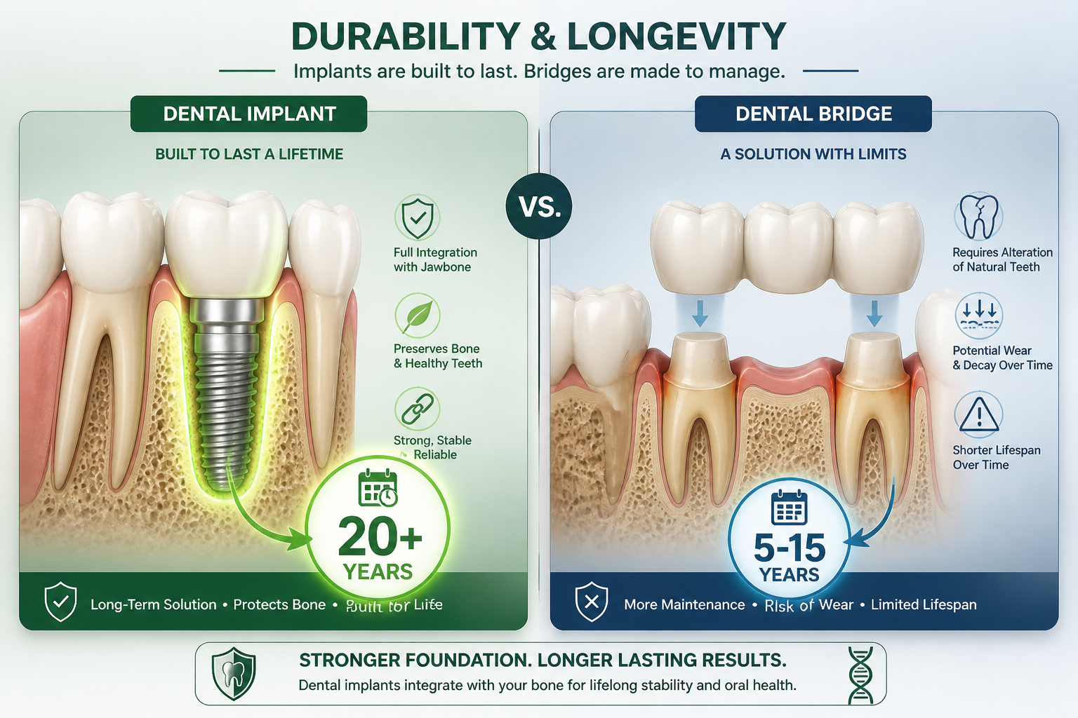() image contrasting the durability and longevity of dental implants versus bridges. On the left, a cross-section diagram of