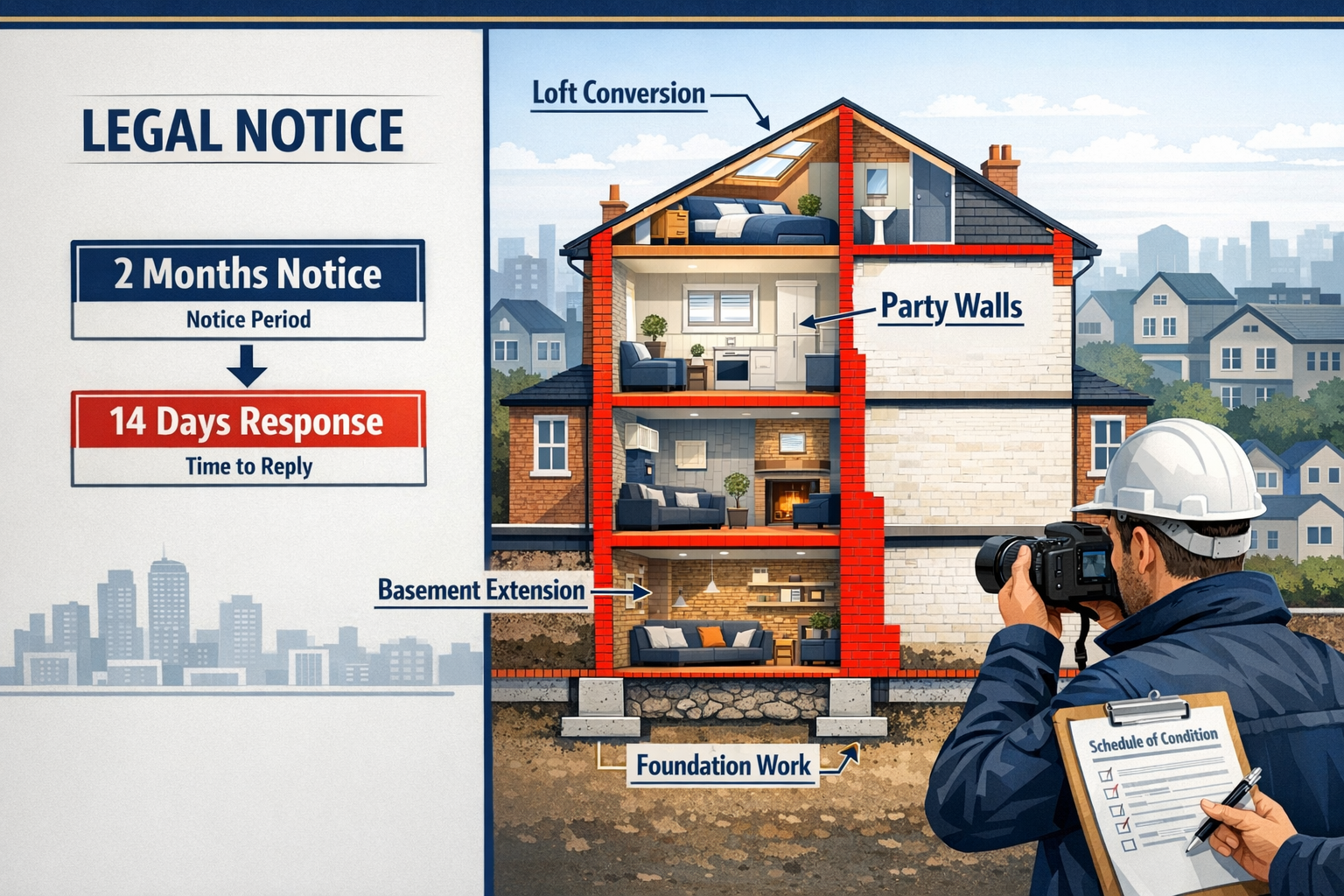 Detailed landscape format (1536x1024) illustration showing cross-section diagram of terraced buy-to-let properties with highlighted party wa