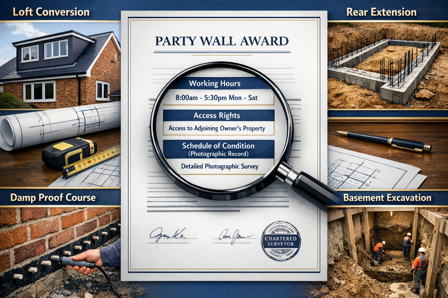 Detailed landscape format (1536x1024) visual representation of Party Wall Award document as central focus with magnifying glass highlighting