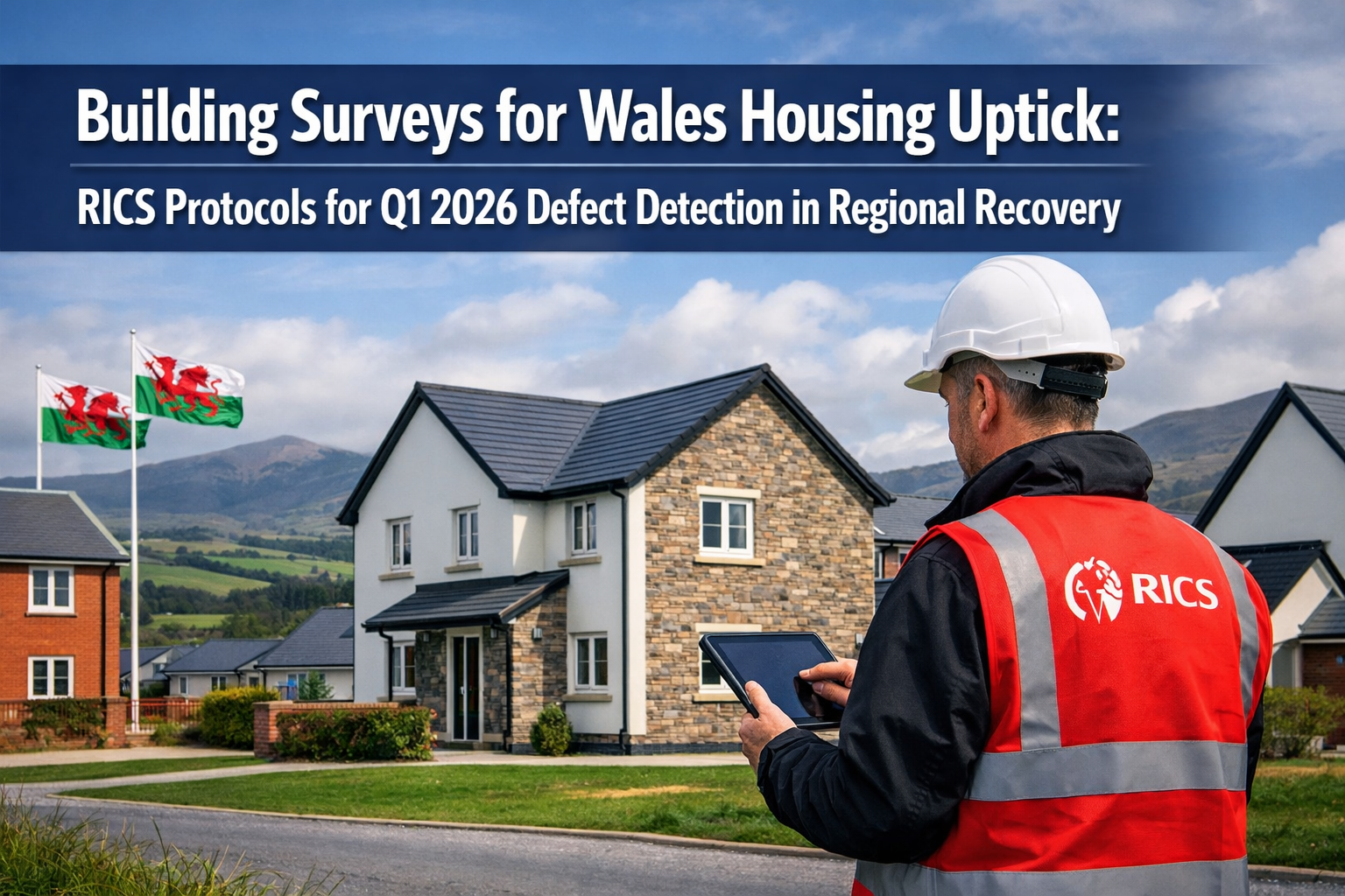 Professional () hero image featuring 'Building Surveys for Wales Housing Uptick: RICS Protocols for Q1 2026 Defect Detection
