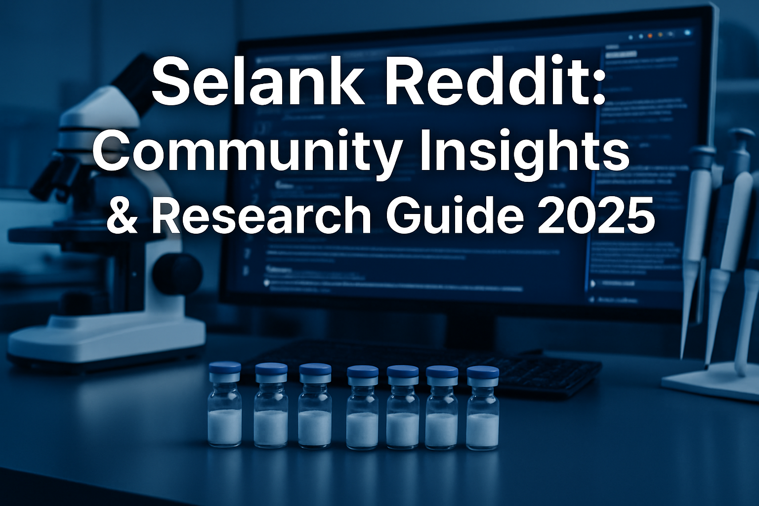 Professional landscape hero image (1536x1024) featuring bold text overlay 'Selank Reddit: Community Insights & Research Guide 2025' in 70pt 