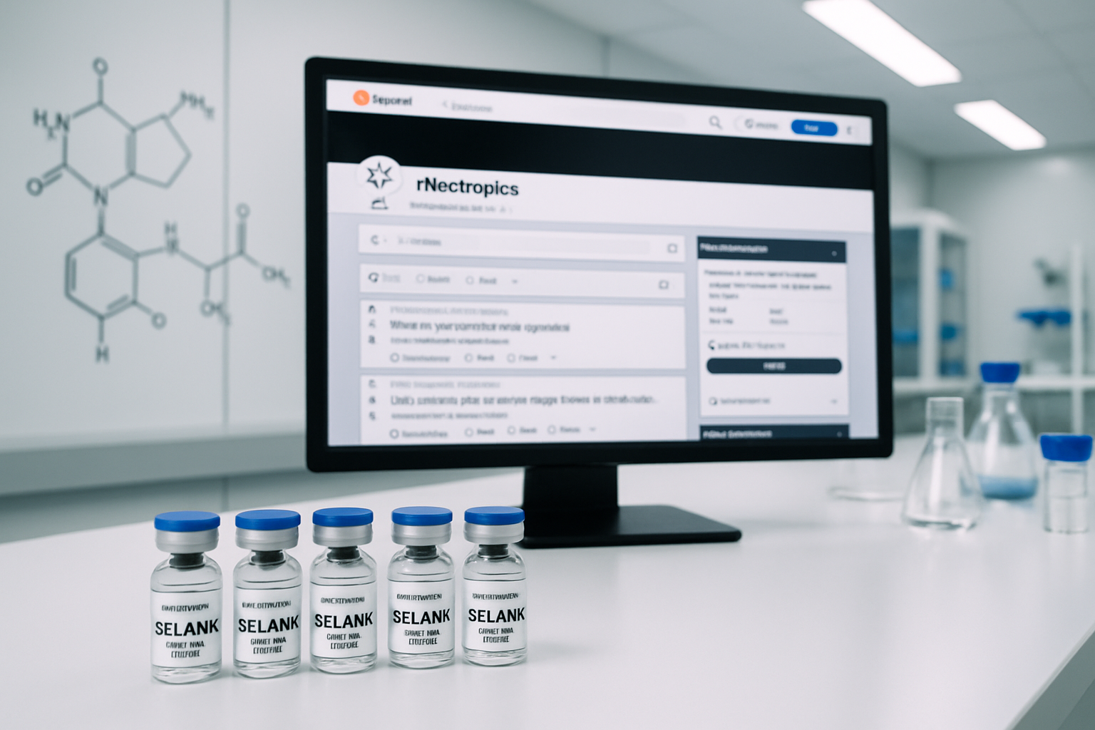 Scientific laboratory scene showing peptide research vials labeled 'Selank' on clean white countertop, with computer monitor displaying Redd