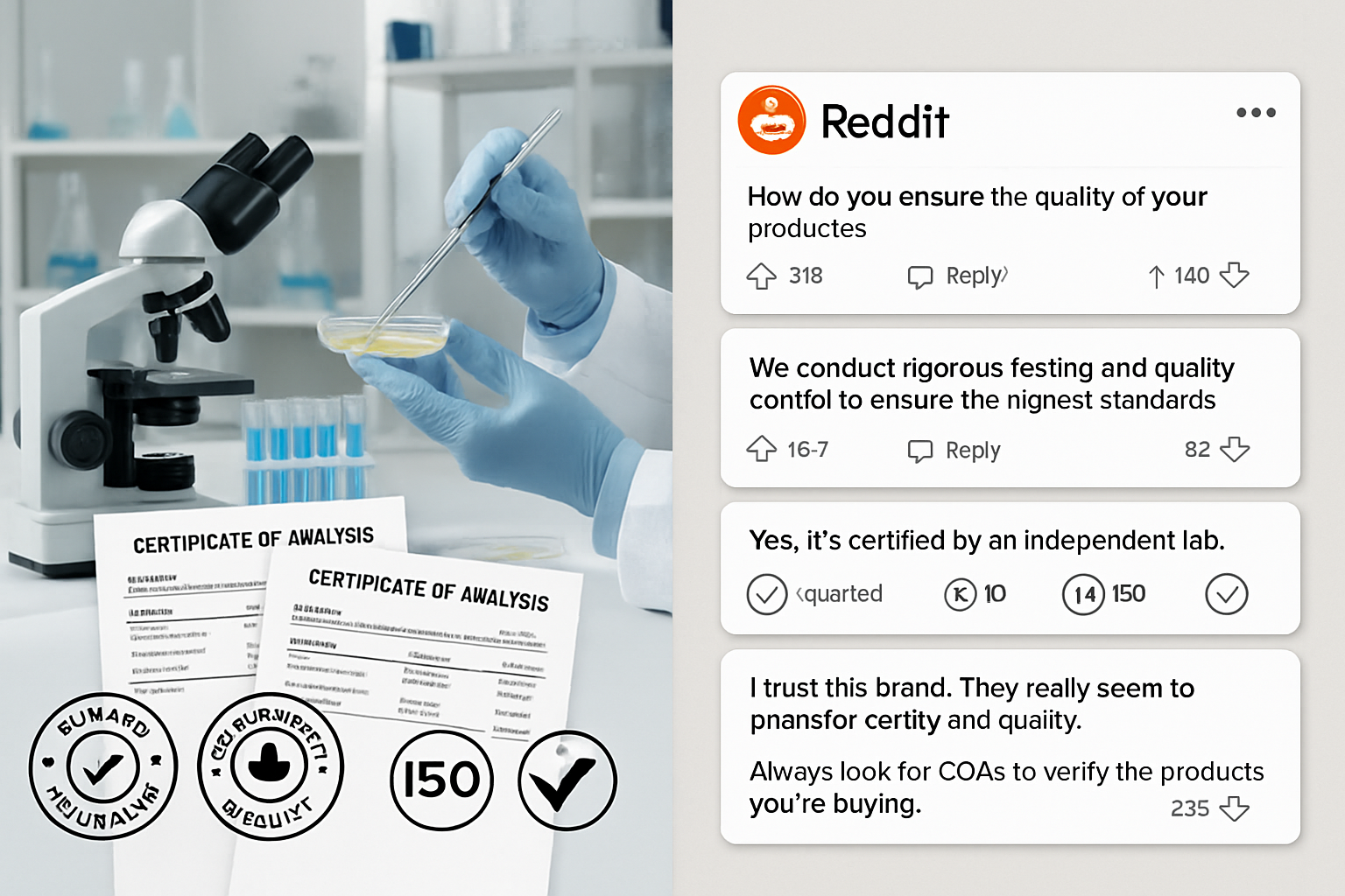 Split-screen composition showing laboratory quality control testing on left side with COA documents and testing equipment, Reddit community 