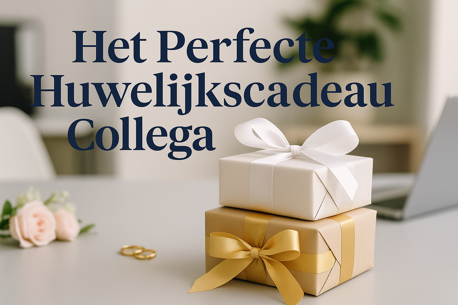 Professional landscape hero image (1536x1024) featuring bold text overlay "Het Perfecte Huwelijkscadeau Collega" in extra large 72pt elegant