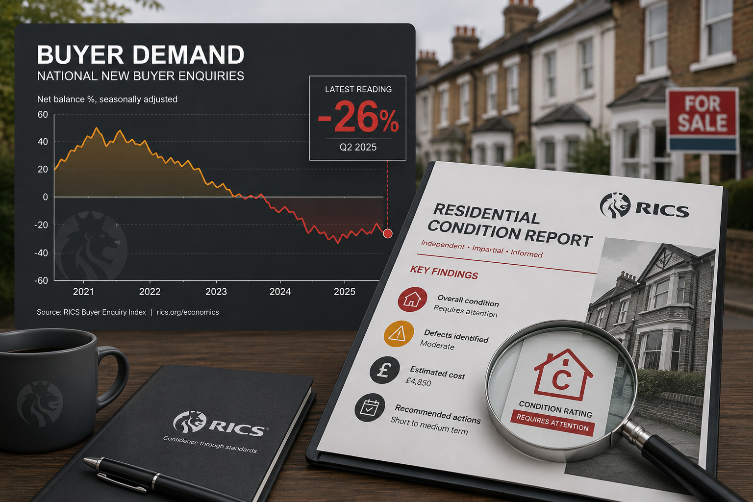 () infographic-style illustration showing a downward-trending buyer demand graph with a red -26% annotation, set against a