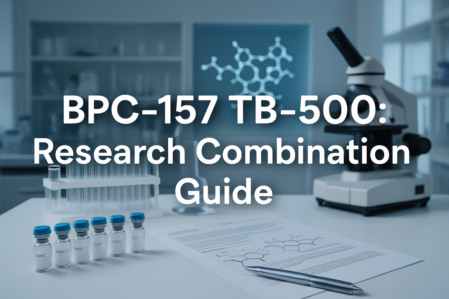 Professional landscape laboratory image (1536x1024) with bold text overlay 'BPC-157 TB-500: Research Combination Guide' in 70pt white sans-s