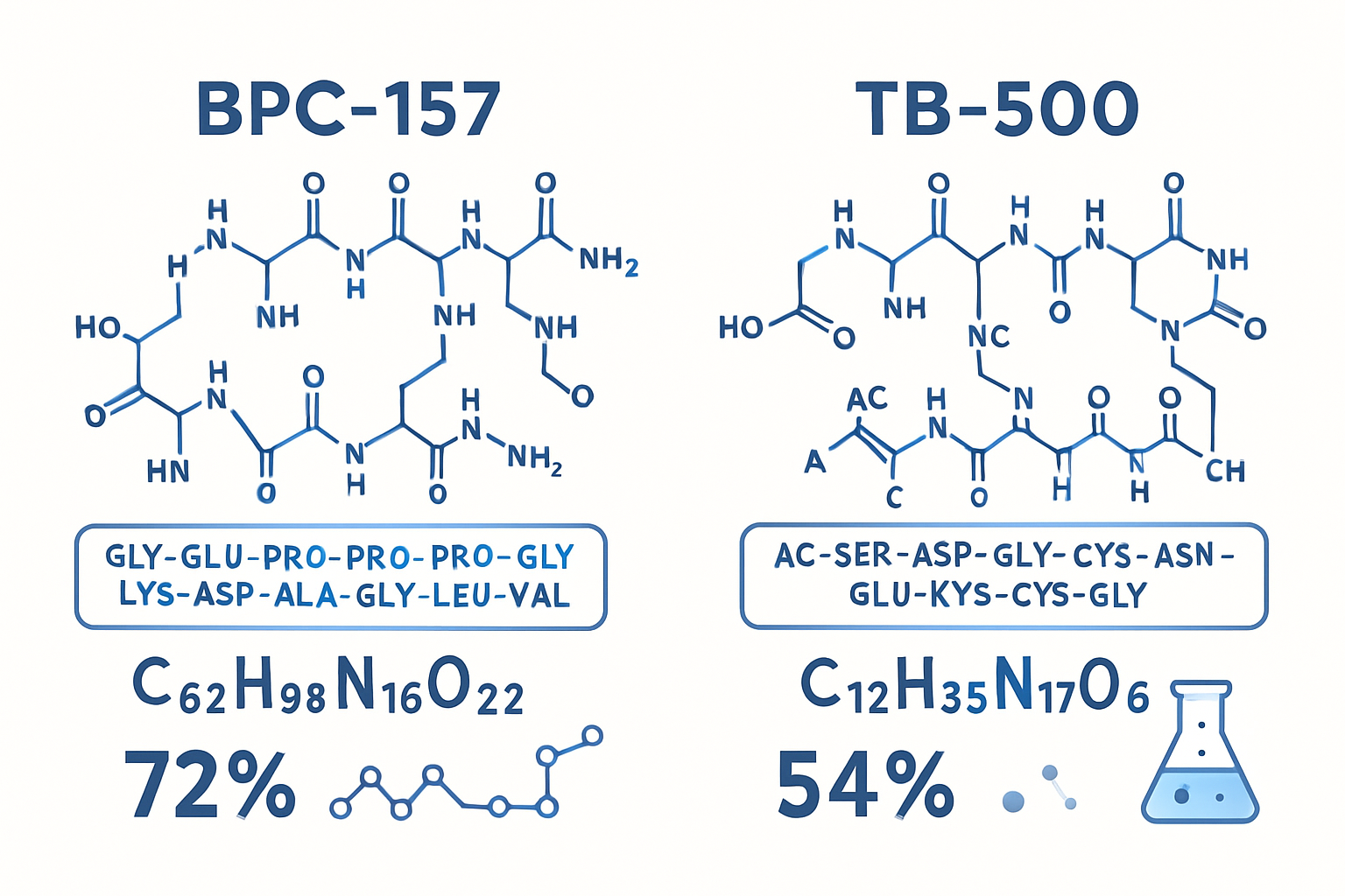 Scientific infographic showing BPC-157 and TB-500 molecular structures side by side with chemical formulas, peptide chain illustrations, and