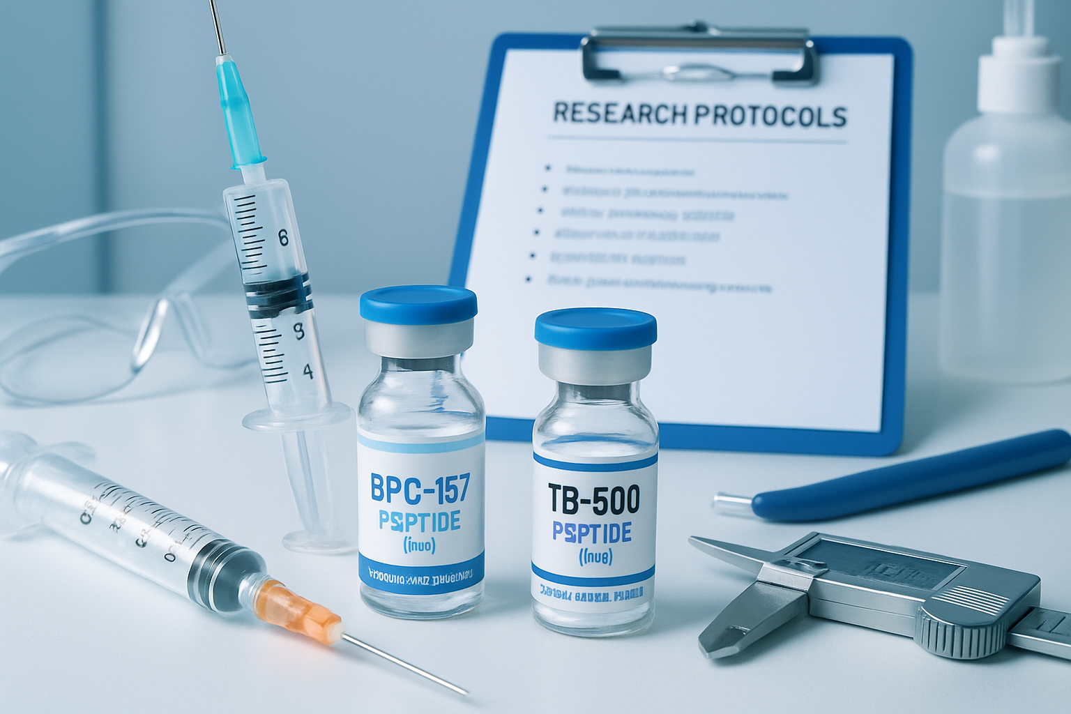 Laboratory research setup showing peptide reconstitution process with sterile vials, syringes, and measurement tools. Clean scientific envir