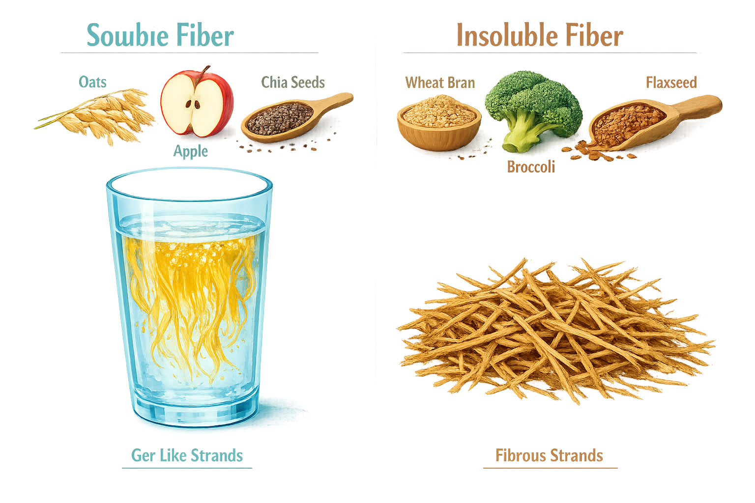 Detailed () editorial illustration showing two distinct fiber types side by side: left half features a glass of water with
