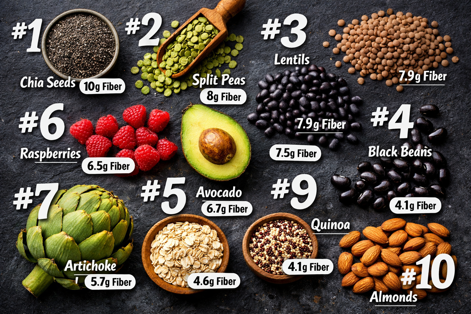 Dramatic overhead flat-lay () showing the top 10 highest-fiber foods arranged in a numbered ranking layout on a dark slate