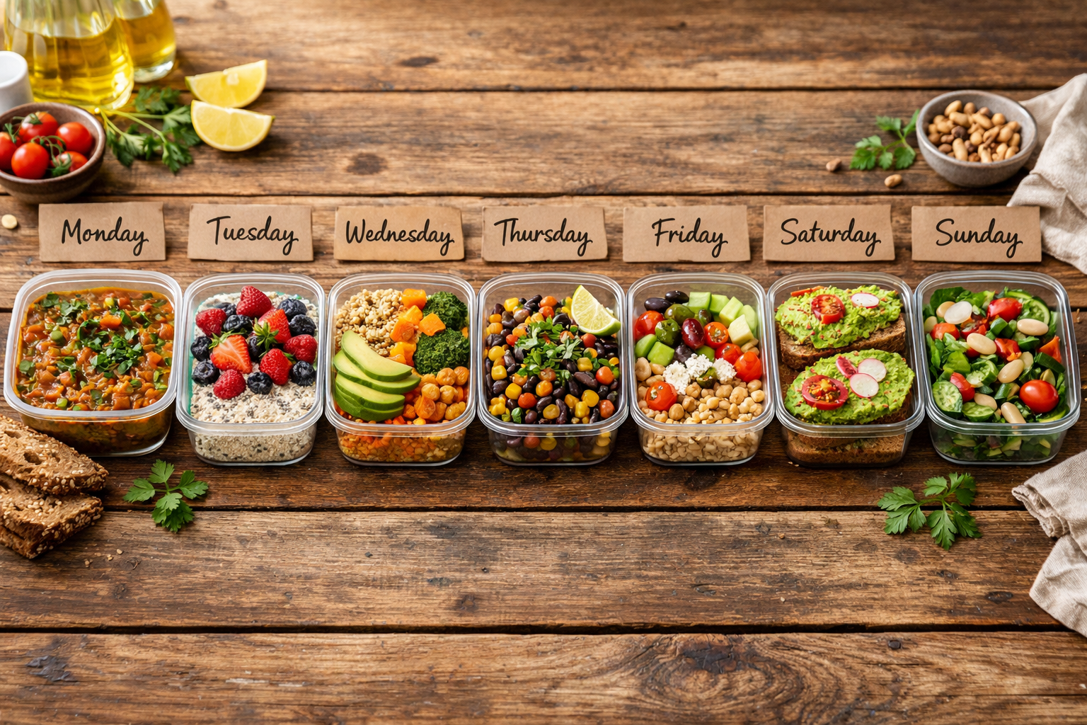 Wide () showing a vibrant weekly meal plan spread across a rustic wooden table: seven distinct meal prep containers arranged