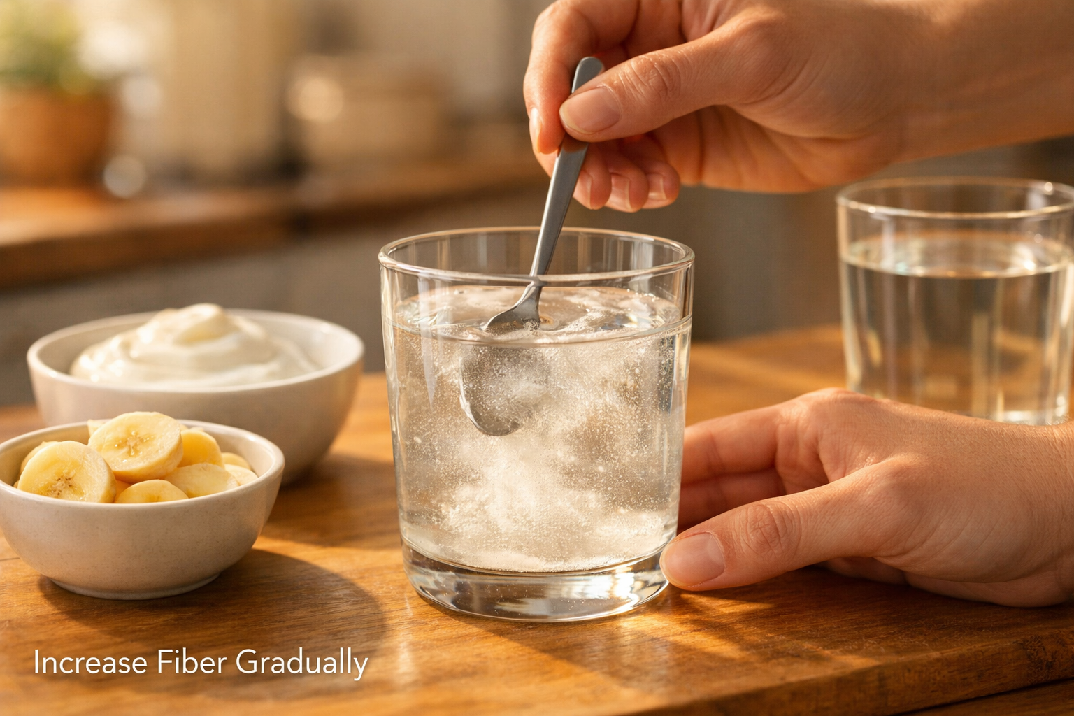Close-up () showing a person's hands gently stirring a glass of water with a fiber supplement dissolving, surrounded on a