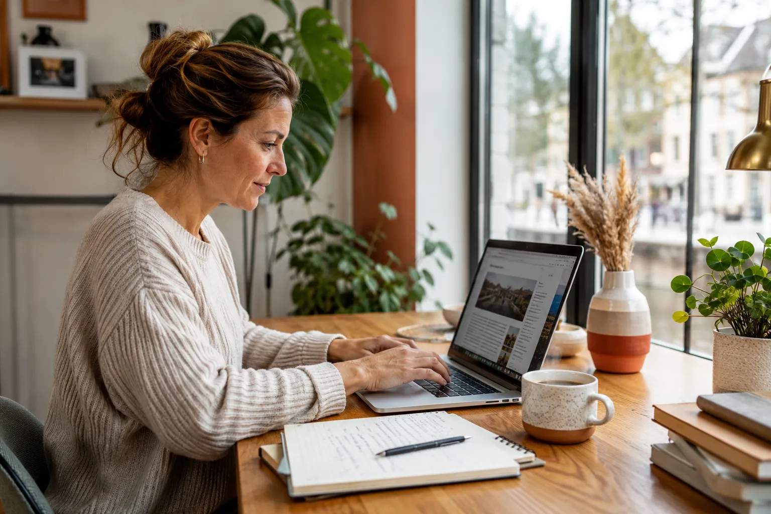Ondernemer schrijft een blogartikel achter een laptop aan een houten bureau bij het raam