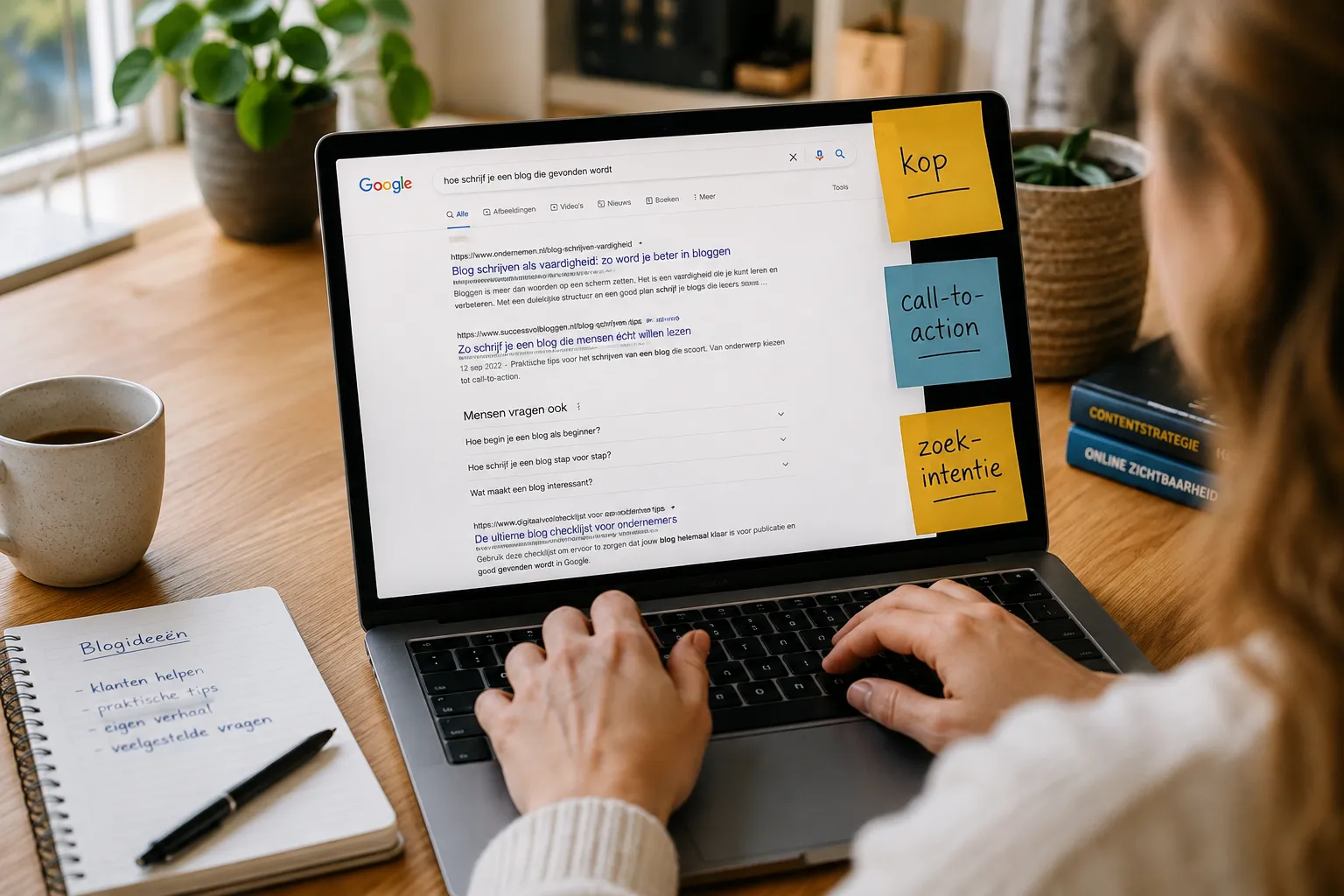 Ondernemer bekijkt Google-zoekresultaten op een laptop met notities over koppen en call-to-action