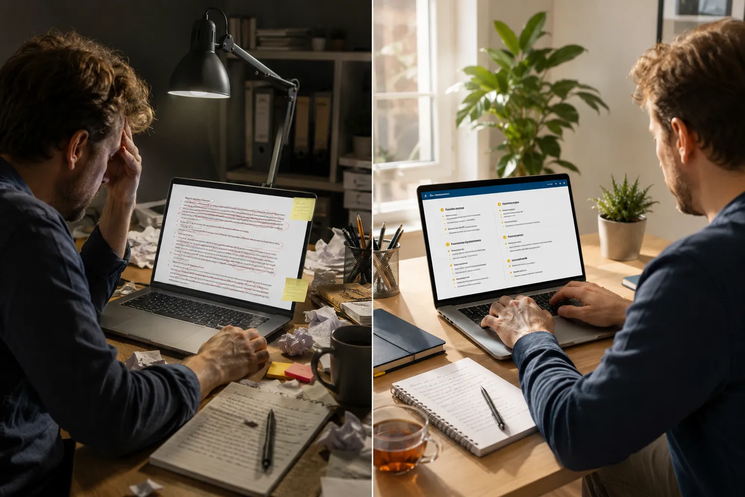 Rommelig bureau met een verfrommeld concept naast een opgeruimd bureau met een duidelijke blogopzet