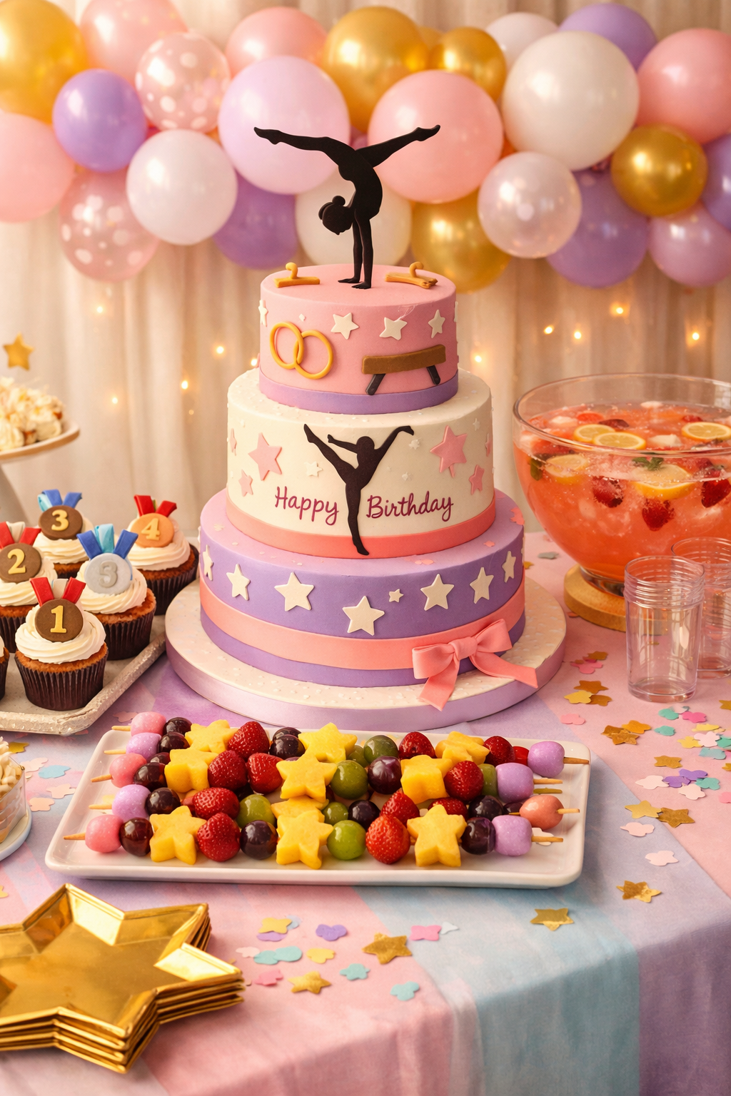 Portrait/Pinterest format (1024x1536) image of a gymnastics birthday party food table setup with a tiered cake decorated with a gymnast silh