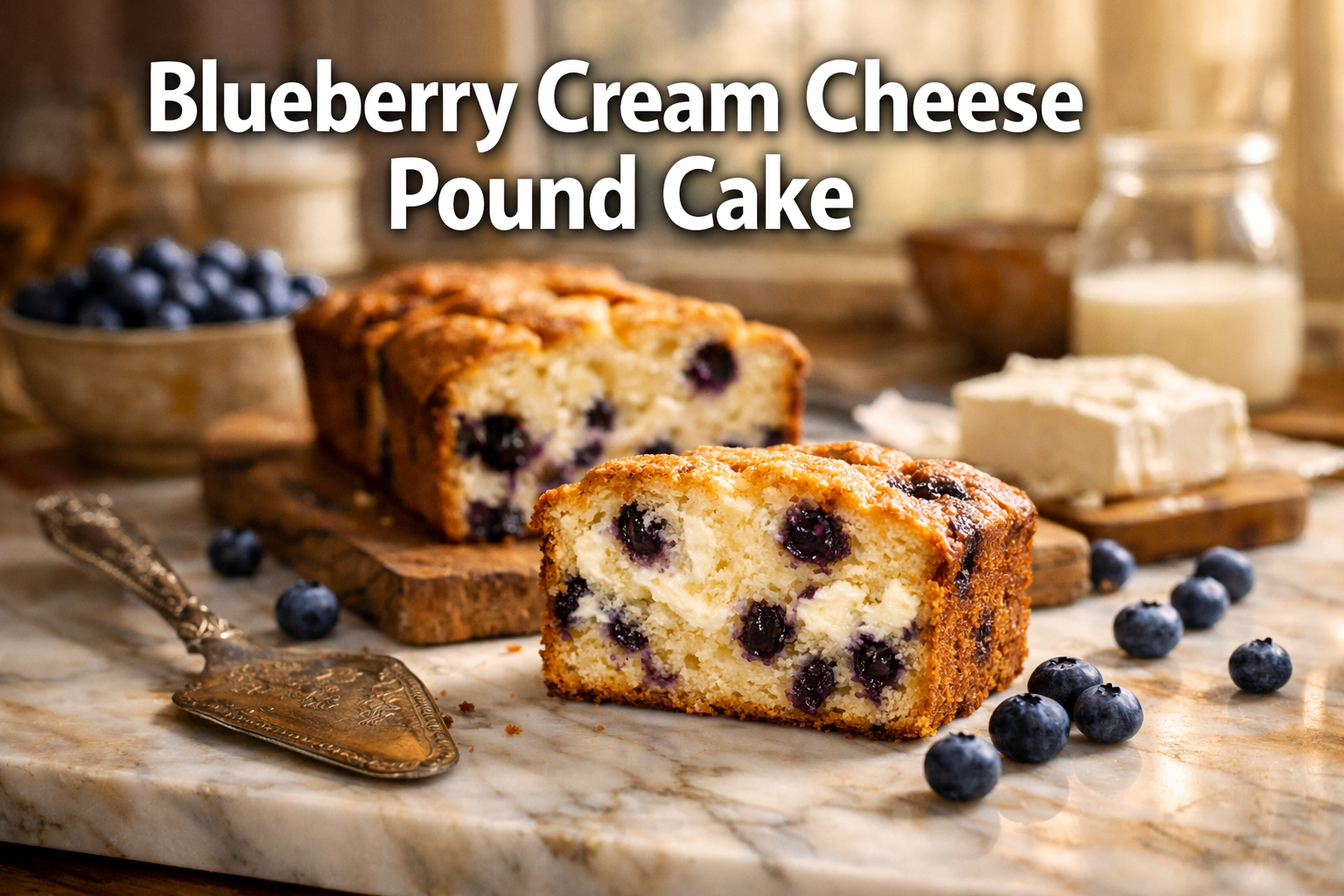 Professional landscape hero image (1536x1024) featuring bold text overlay 'Blueberry Cream Cheese Pound Cake' in extra large 72pt white sans
