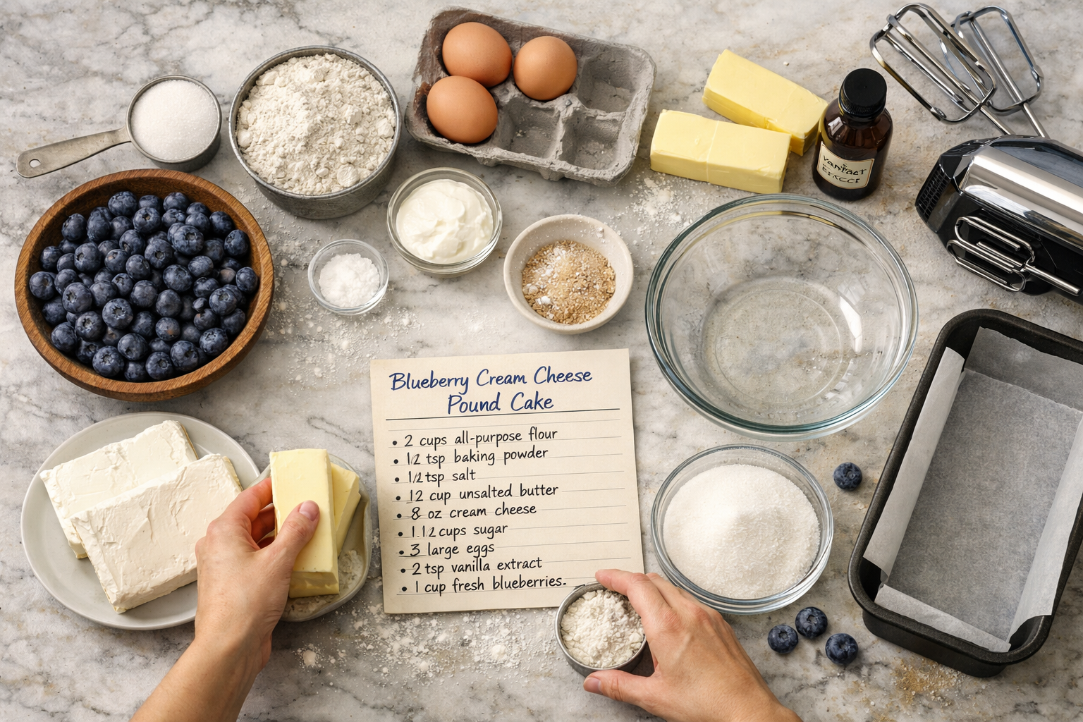 Professional landscape food photography (1536x1024) showing step-by-step blueberry cream cheese pound cake preparation process, marble kitch