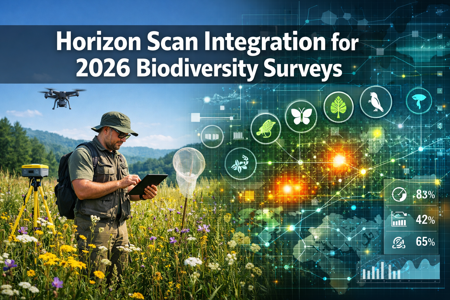 Professional () hero image featuring 'Horizon Scan Integration for 2026 Biodiversity Surveys' in extra large white with dark