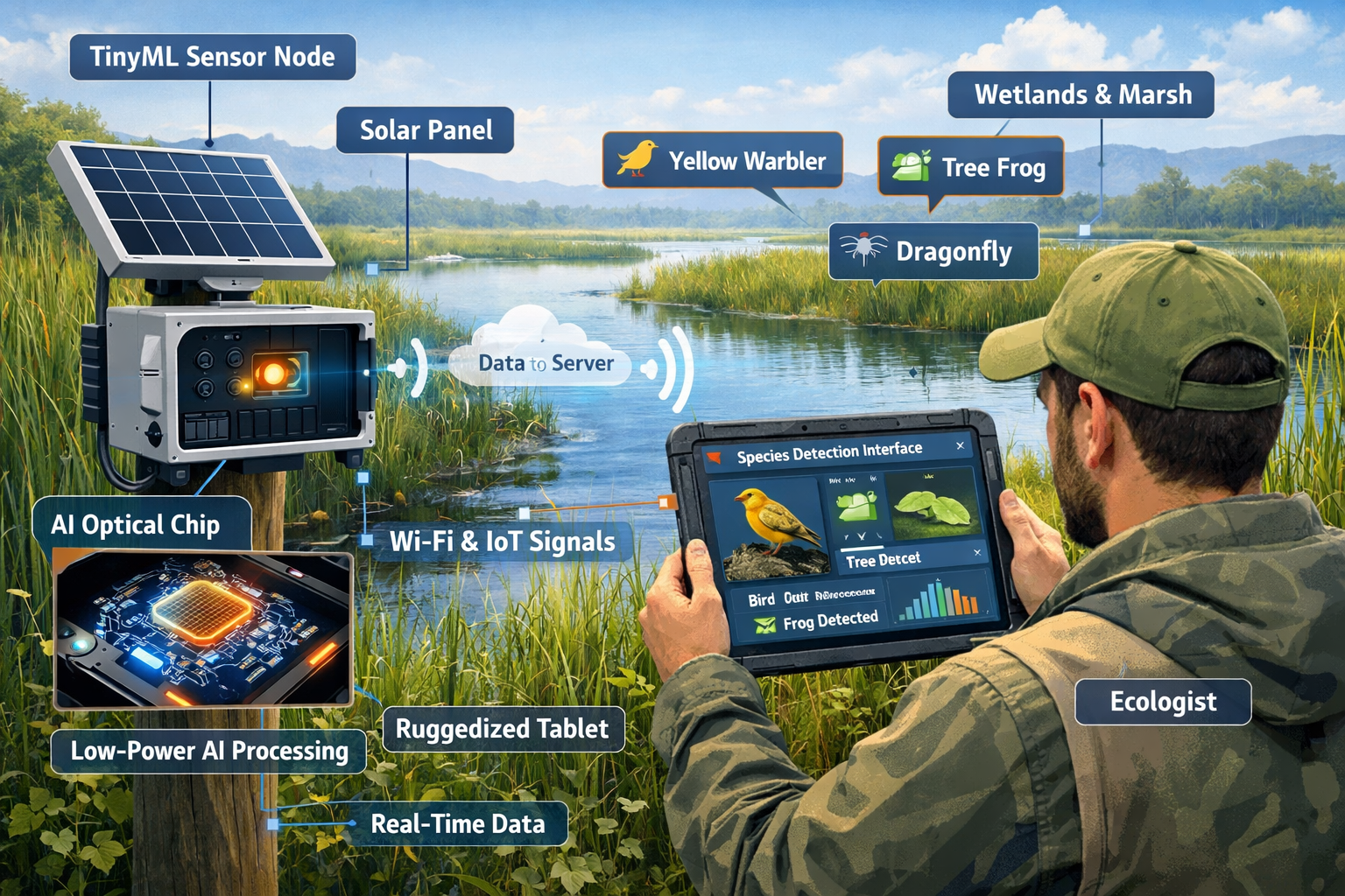 () detailed illustration showing TinyML biodiversity monitoring setup in remote wetland habitat. Foreground: compact