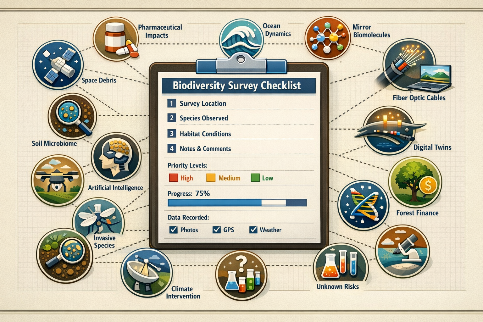 () comprehensive visual checklist infographic for biodiversity survey protocols. Central focus: large clipboard or tablet