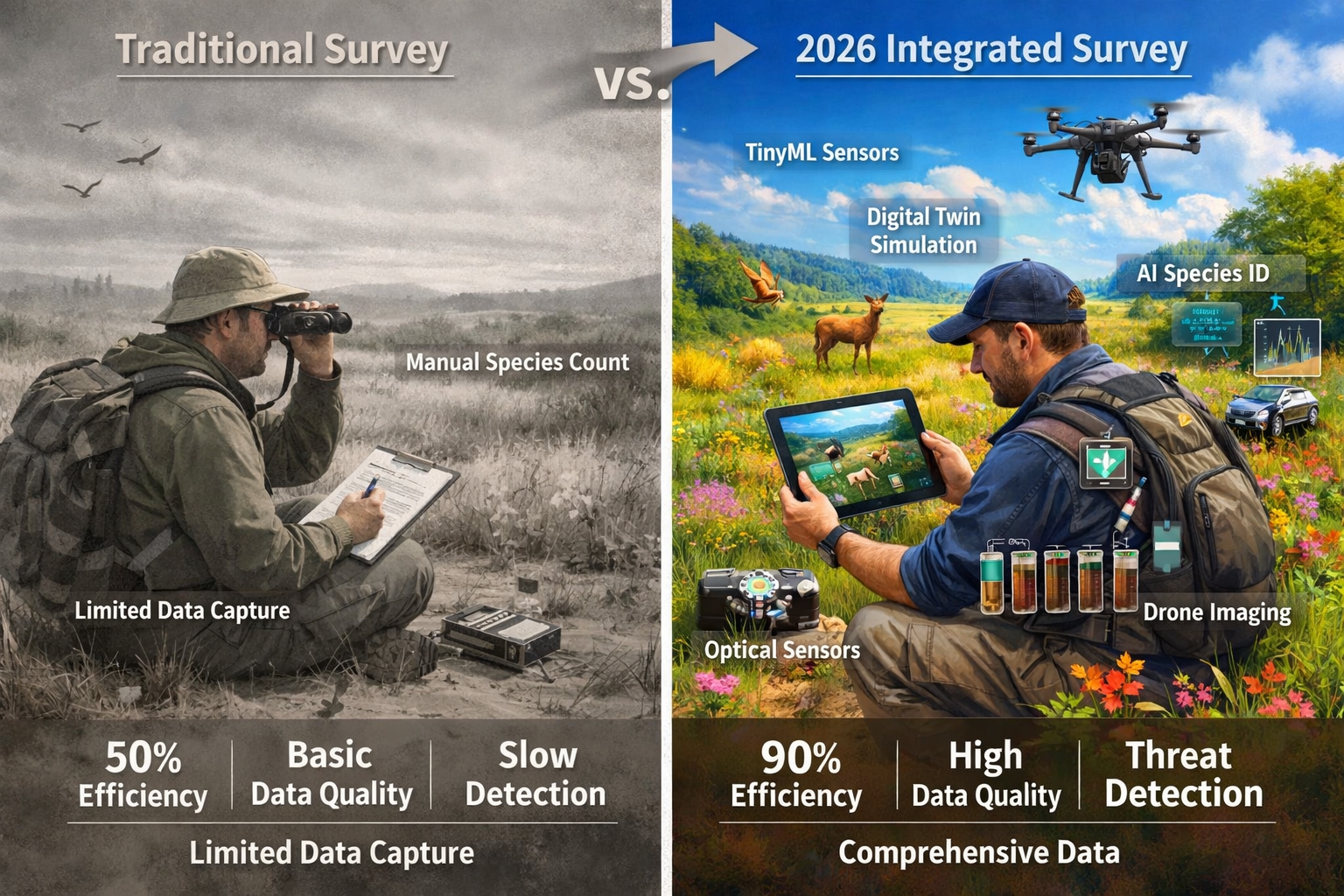 () split-screen comparison showing traditional vs. integrated horizon scan biodiversity survey approach. Left side: