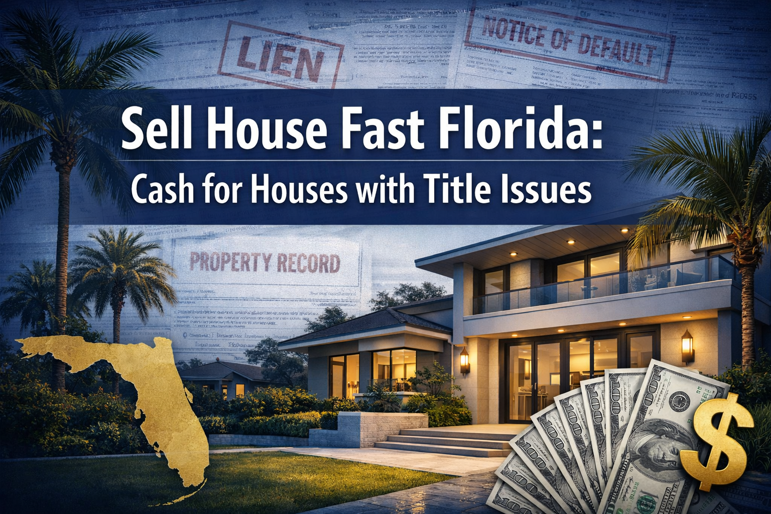 Professional landscape hero image (1536x1024) featuring bold text overlay 'Sell House Fast Florida: Cash for Houses with Title Issues' in ex